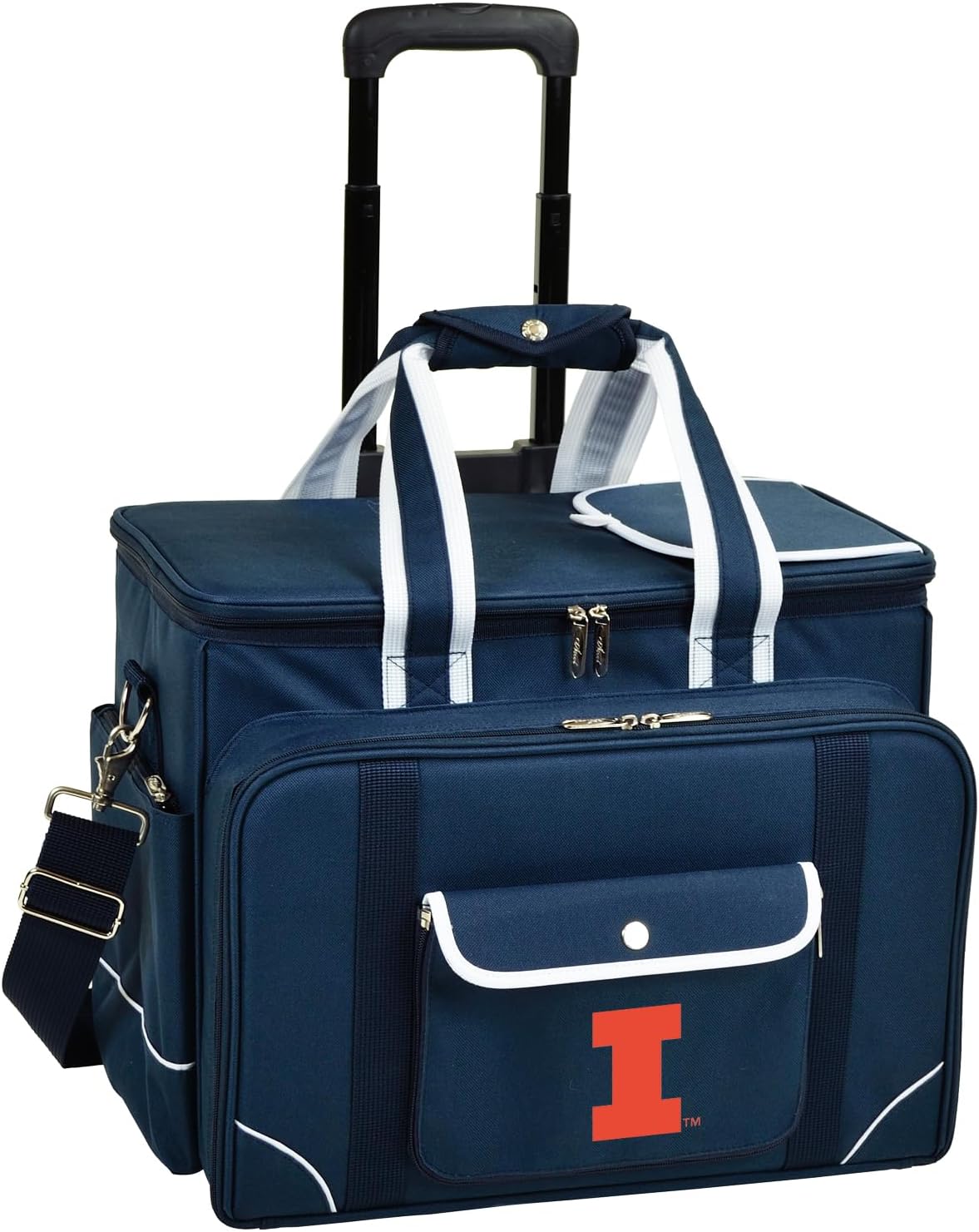 Illinois University Licensed Fighting Illini Insulated Picnic Cooler on Wheels with Service for 4- Designed & Assembled in The USA