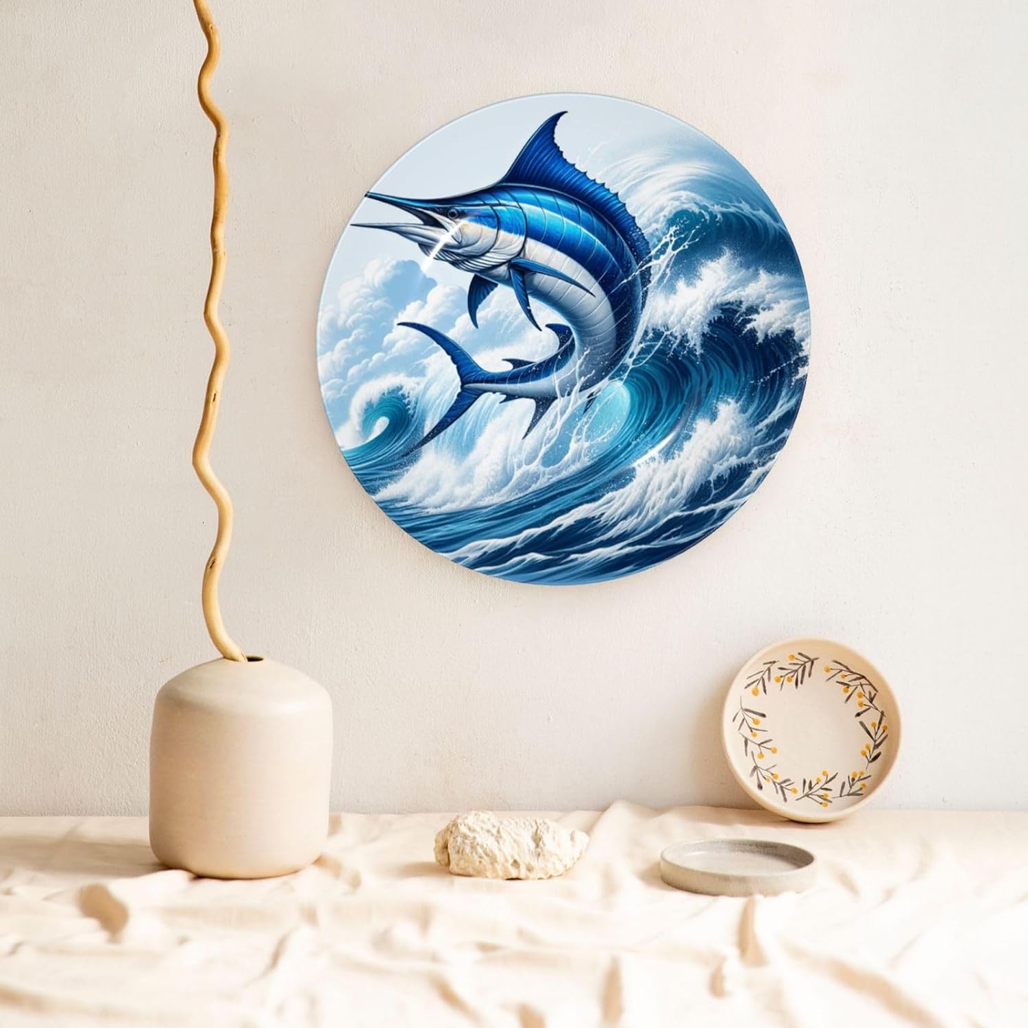 Marlin-Fish-Ocean-Wave 10 Inch Decorative Plate With Stand, Elegant Display Wall Plate For Home Decor