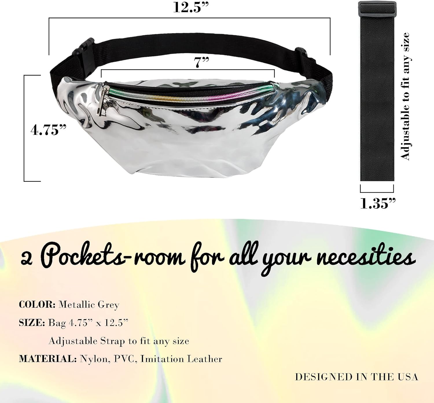 Holographic Rave Fanny Pack – Packs for Festival Women, Men – Cute Fashion Waste Bag Belt Bag (Metallic Silver) - Image 3