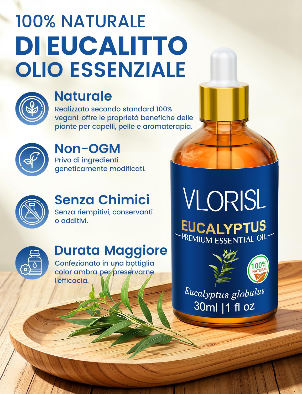 Olio Essenziale di Eucalipto 30ML, Aroma Fresco e Naturale, per Diffusore, Bagno, Sauna e Aromaterapia