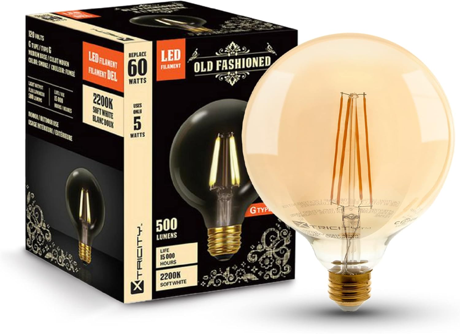 Xtricity G40 LED Filament Vintage Edison Style Dimmable Lightbulb, 5W (60W Equivalent), E26 Medium Base, G40 Edison Light Bulb for Decoration String Lights and Vintage Lighting Looks