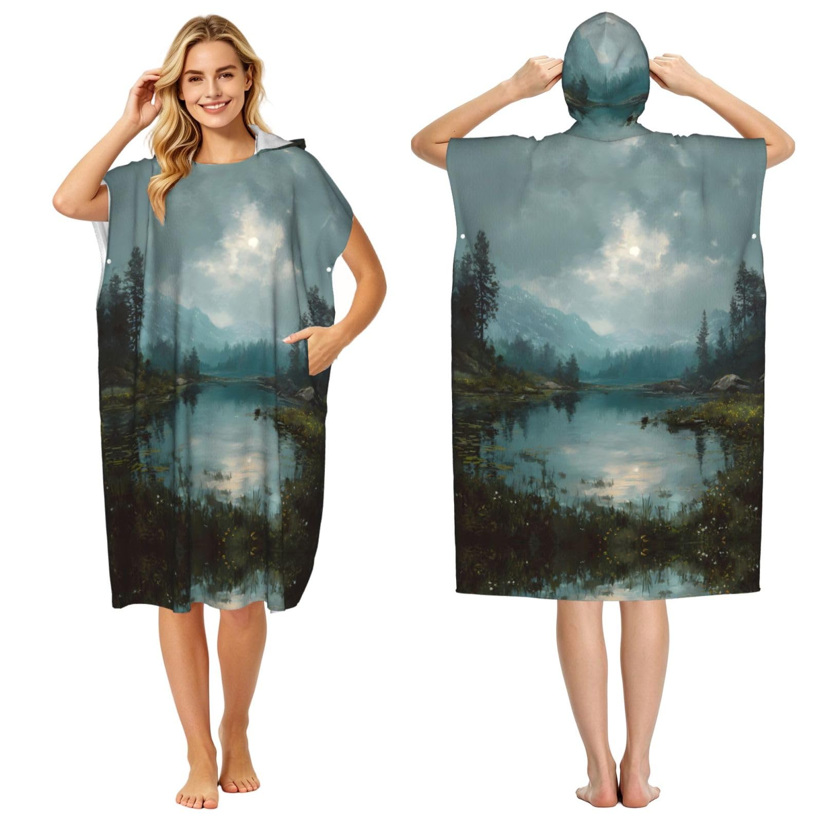 ESNAIUVCD Tranquil Lake Print Changing Robe, Hooded Towel Poncho For Swimming Pool, Beach,Quick Dry & Light Weight Towelling Poncho For Adults Women Men
