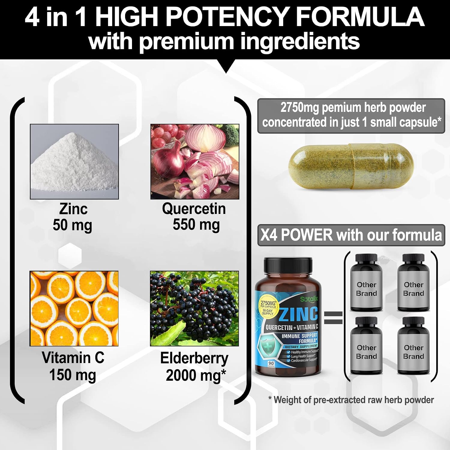 SOTALIX SUPPLEMENT Zinc Quercetin Ultra Immune Support Defense with Vitamin C, Elderberry - Equivalent to 2750mg Strength, Heart, Lung Support for Adult Kids 90 Day Supply (90 Count (Pack of 1))