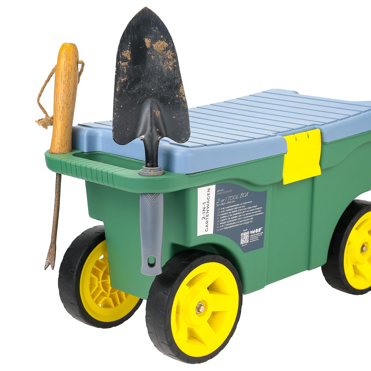 HMF Carrello da giardino 2 in 1 con seduta e vano portaoggetti, sgabello da giardino con ruote grandi, sedile girevole per giardinaggio fino a 100 kg, 55 x 26,5 x 29,5 cm, verde