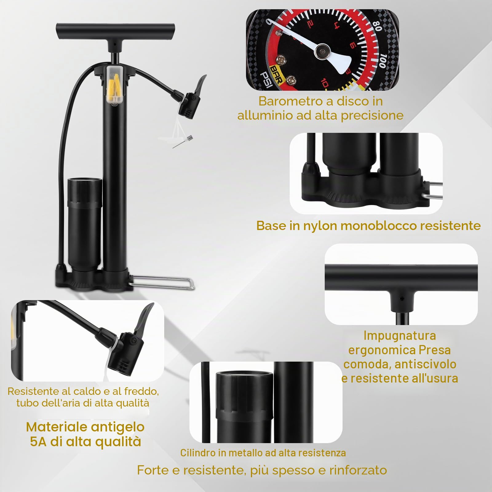 MXTIMWAN Pompa Aria per Bicicletta, Pompa Bici con Manometro da 160 PSI, Pompa da Pavimento Portatile per Bicicletta, Gonfiatore Bici con Ago Multifunzionale per Bici, Moto, Palloni e Altro Ancora
