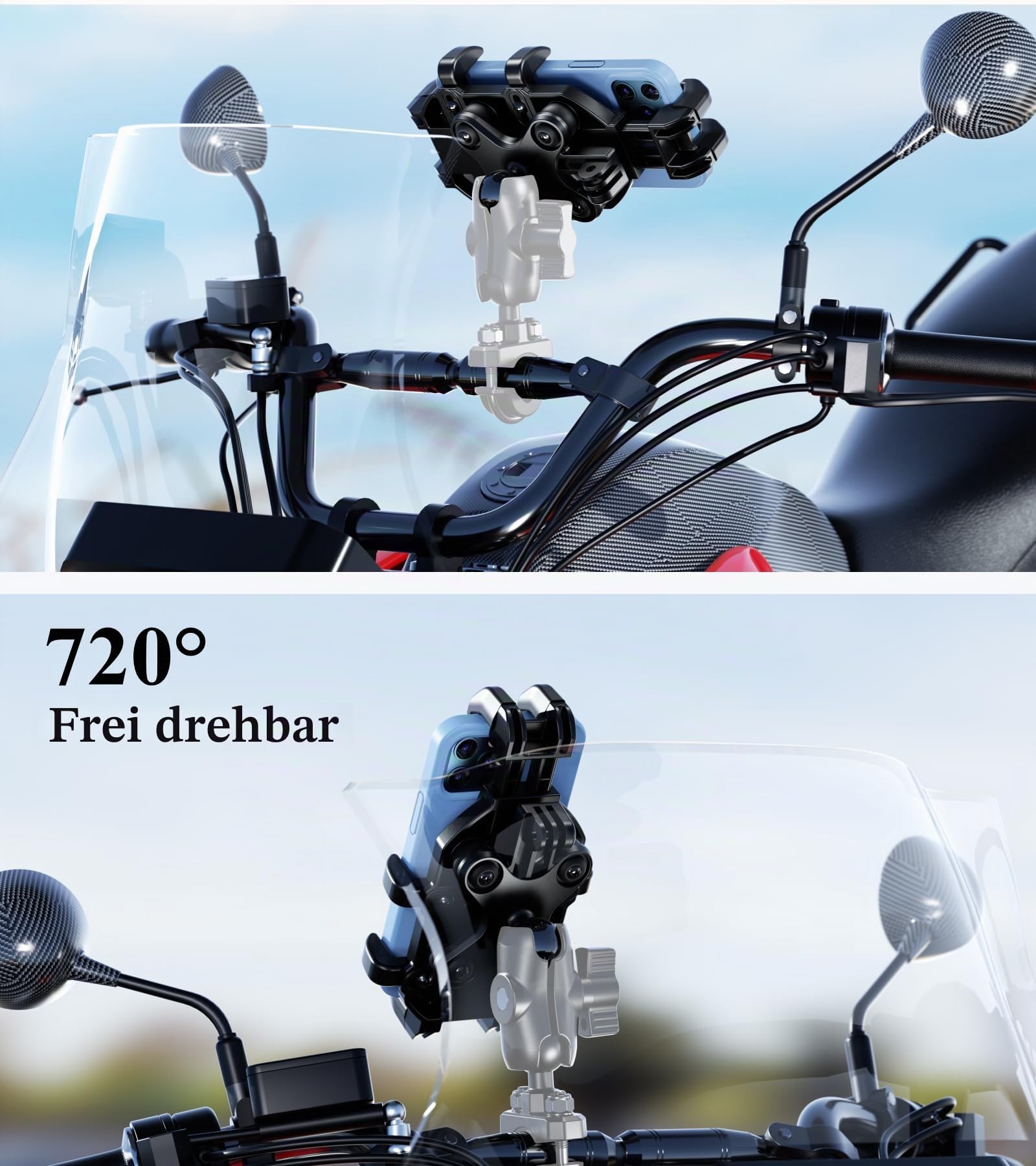 BRCOVAN 1'' Kugel-Motorrad-Handyhalterung mit Vibrationsdämpfer, verstellbare Handyhalterung für ATV UTV Bike Scooter, kompatibel mit RAM Mounts B-Größe Doppelsockelarm, für 5,4''-7,2'' Smartphones