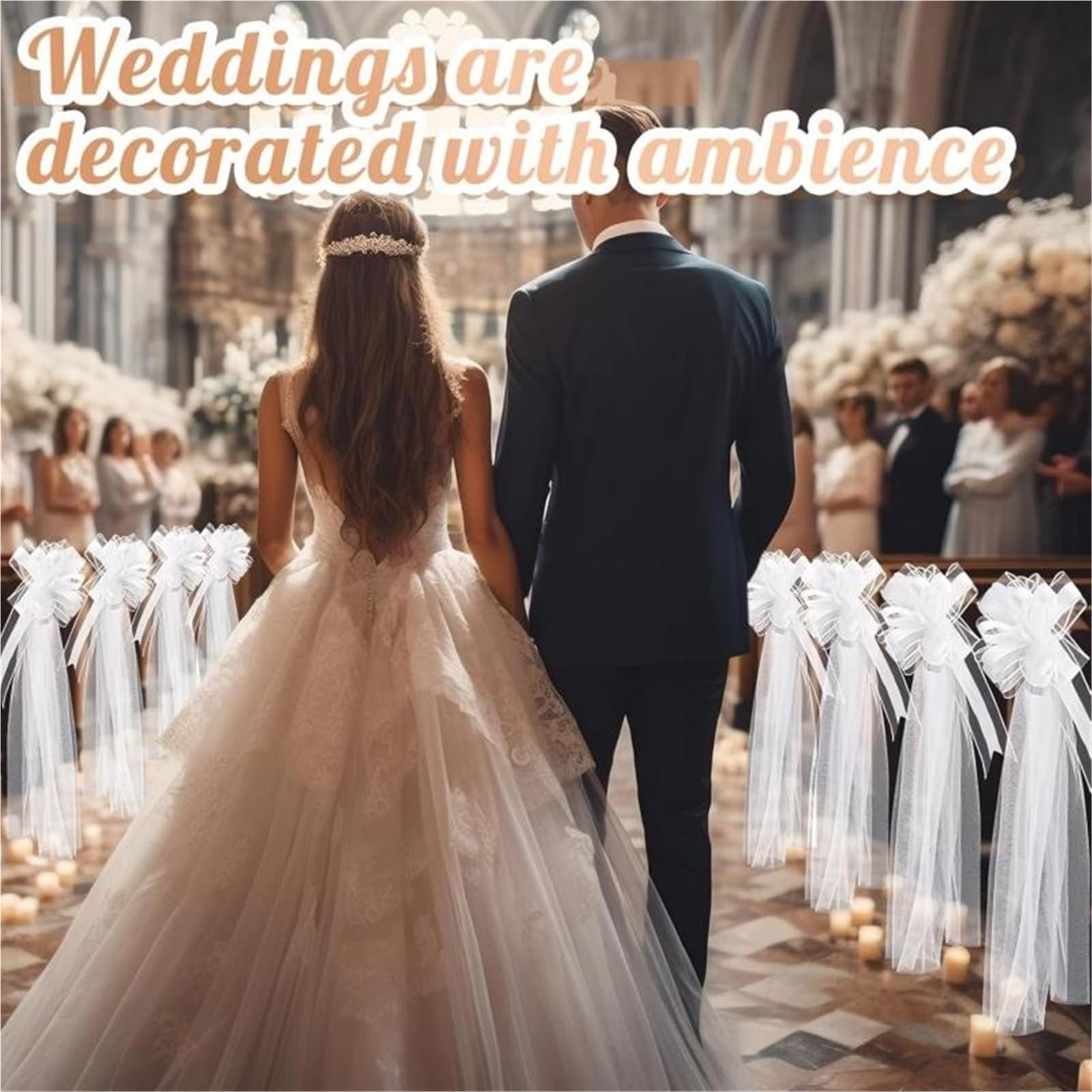 12–1 weiße Hochzeitsschleifen | Mit langen Tüllschwänzen for Hochzeit, Kirchenbank, Stuhl, Gang, Dekoration