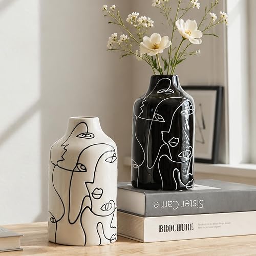 Kimdio Ceramic Vases Set 2 Pieces Black and White Flowers Irregular Design Abstract White Modern Home Decor Living Room Minimalist Decorative Vase for Pampas Grass