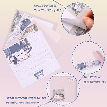 12 Pack Cute Cartoon Cat Sticky Notes, 600 Sheets 3 x 3 Inch Self-Stick Note Pads, Comic Cat Funny Novelty Memo Pad, Easy to Post for Student Studying Home Office School (4 Styles)