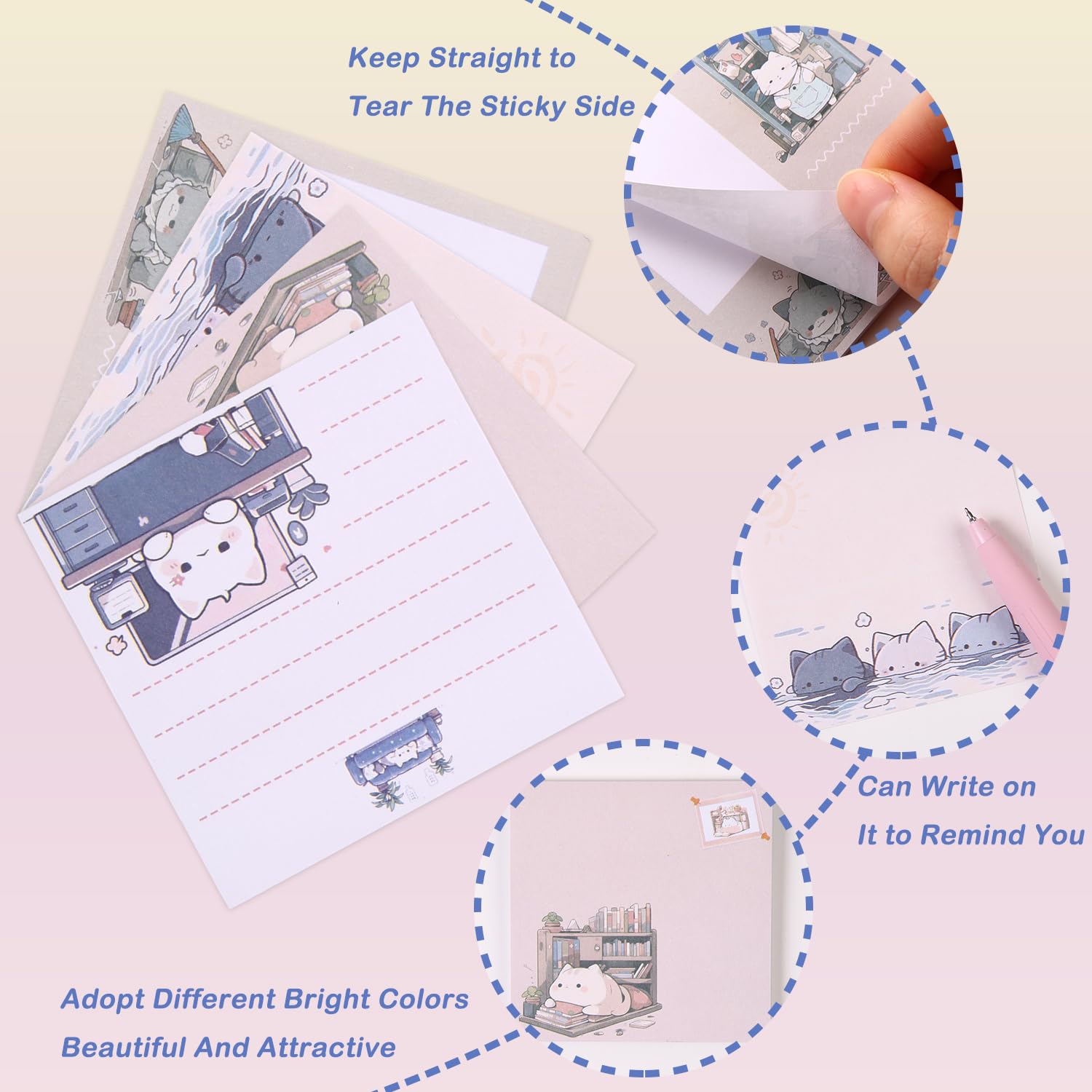Lot de 12 notes adhésives en forme de chat mignon de dessin animé, 600 feuilles de 7,6 x 7,6 cm, bloc-notes autocollants, facile à poster pour étudiant, maison, bureau, école (4 styles)