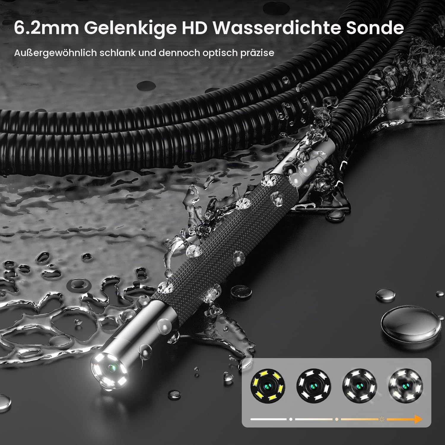 Endoskopkamera Beweglichem Kopf 180° Bidirektional | Endoskopkamera mit Licht 6.2mm Sonde, 1.5m Selbstrückstellender Schlauch, 5" IPS Display | Rohrkamera für Motor/Industrieinspektion
