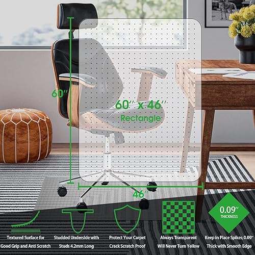 Miniatura 7 de 100pointONE Tapete para silla de oficina para alfombra de pelo bajo, 46 x 60 pulgadas, tapete protector de alfombra transparente para silla de