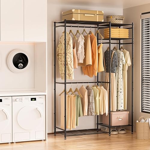 Miniatura 7 de Neprock - Closets portátiles para colgar ropa, estante de ropa independiente con 3 varillas para colgar y 5 estantes, estante de ropa de metal para