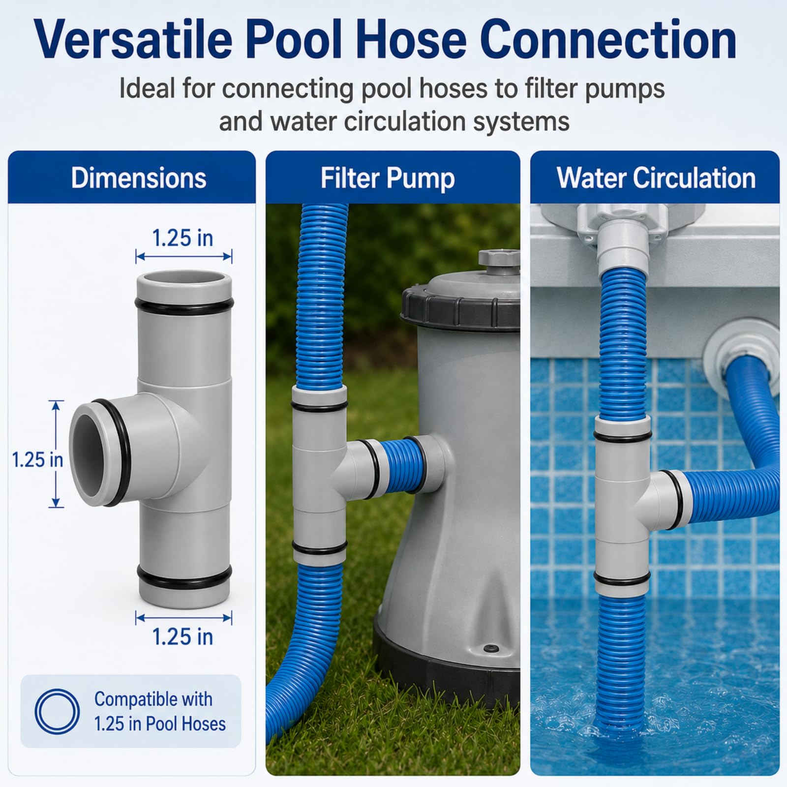 Adaptador de manguera de repuesto para bomba de piscina de 3,25 cm de diámetro, junta en T, gris (3 interfaces)