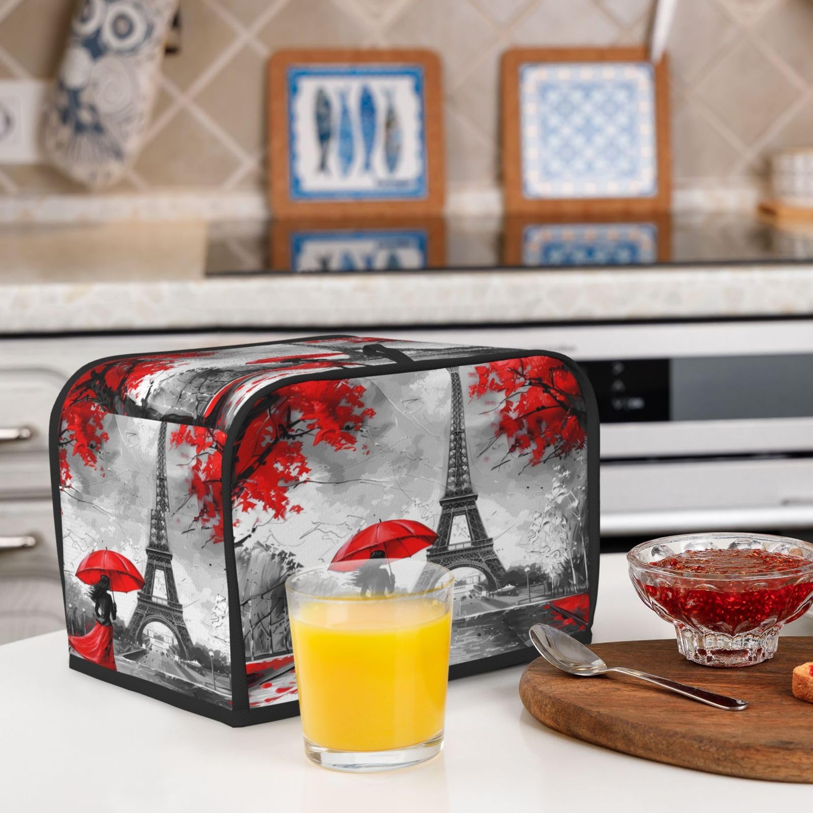 Red Leaf Eiffel Tower Toaster Cover 2 Slice Wide Slot Dustproof Waterproof Kitchen Appliance Covers with Hanging Loop Bread Baker Toaster Protector 6