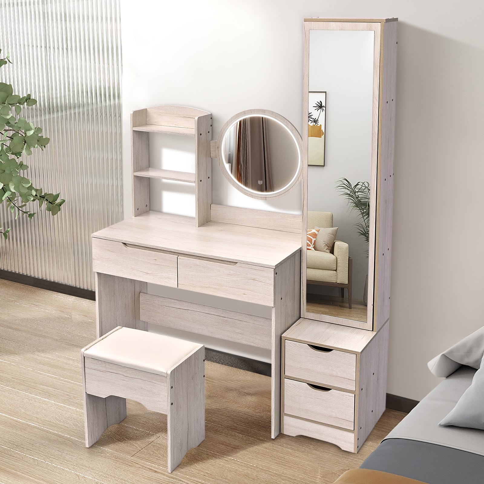 Tatub Makeup Vanity Desk with Mirror and Lights, Wooden Dressing Table Set with 8 Drawers, Bedroom Cute Vanity Dresser with Cabinets & Shelves & Full-Length Mirror & Cushioned Stool for Women Girls