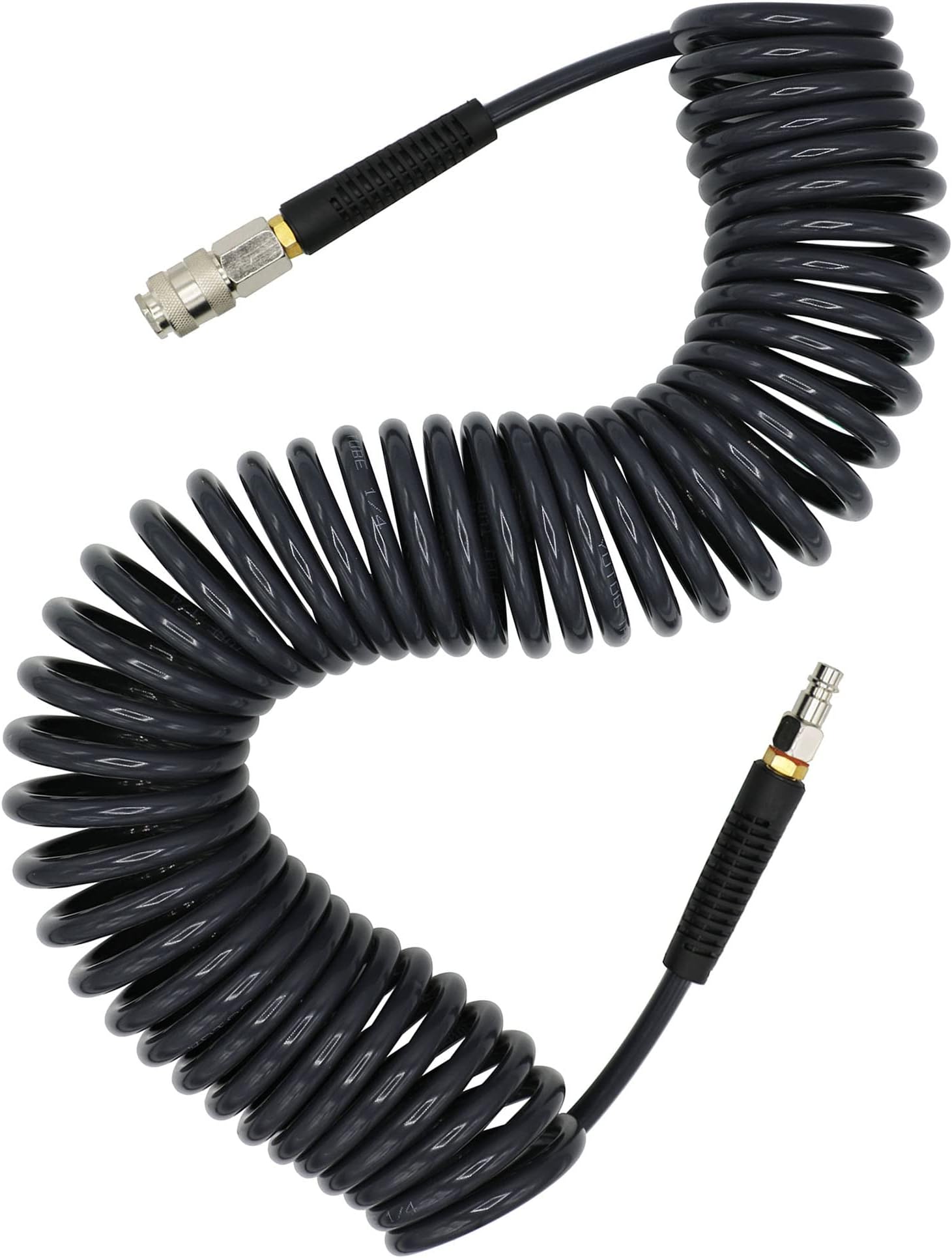 YOTOO Air Compressor Hose Polyurethane Recoil 10m Long 6mm ID x 9.5mm OD with Bend Restrictor, 1/4" Europe Quick Coupler and Plug, Gray