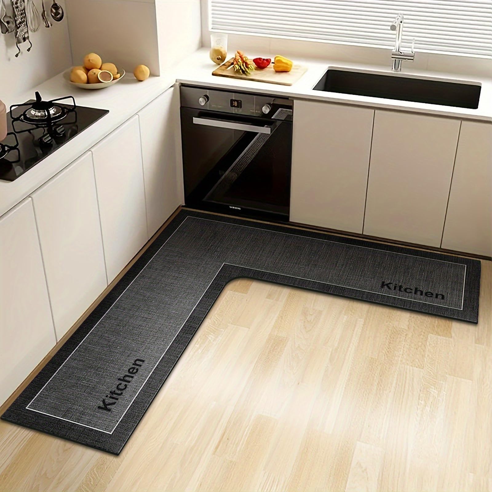 Jyswx L-Shaped Kitchen Rug Mat - Non Slip Diatomite Kitchen Floor Mat - Quick Dry Absorbent Corner Kitchen Runner for Sink Area, Bathroom, Laundry Room & Hallway, Washable, Darkgrey, 120x120x45cm