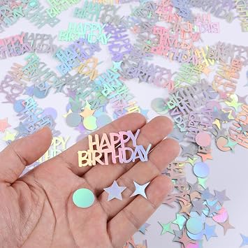 BOXOB 280pcs Iridescent Confetti - Happy Birthday, Circle, Star Shapes - Paper Material - Perfect for Birthday Parties & DIY Crafts