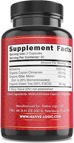 Miniatura 7 de Native Logic Berberina HCL 1200 mg con canela de Ceilán, melón amargo y extracto de té verde, apoya la salud cardiovascular y gastrointestinal con
