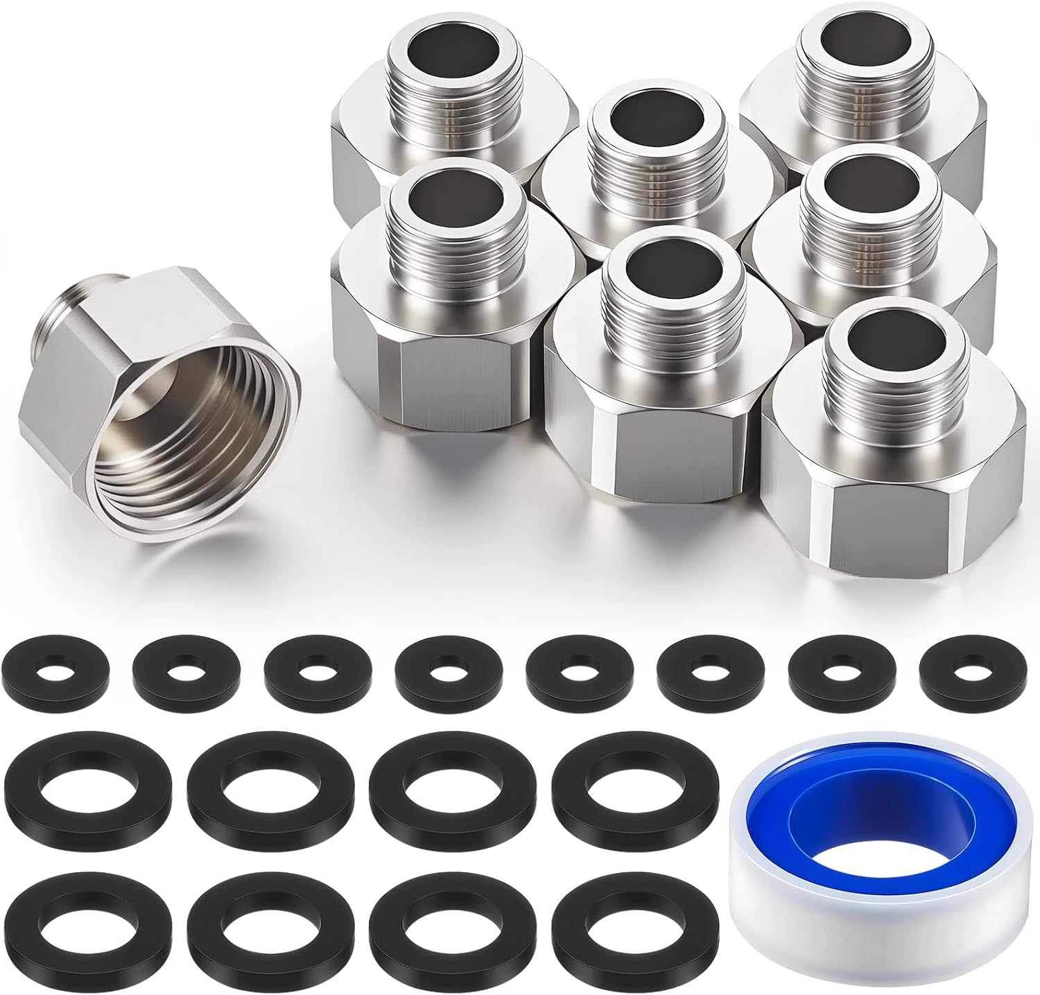 Shimeyao 8 Pcs Brass Water Line Adapter Pipe Fittings in 1/2" Female to 3/8" Male Reducer Adapter Compression Fitting for Bathroom Faucet Supply Hose Pipe Connector with Rubber Washer