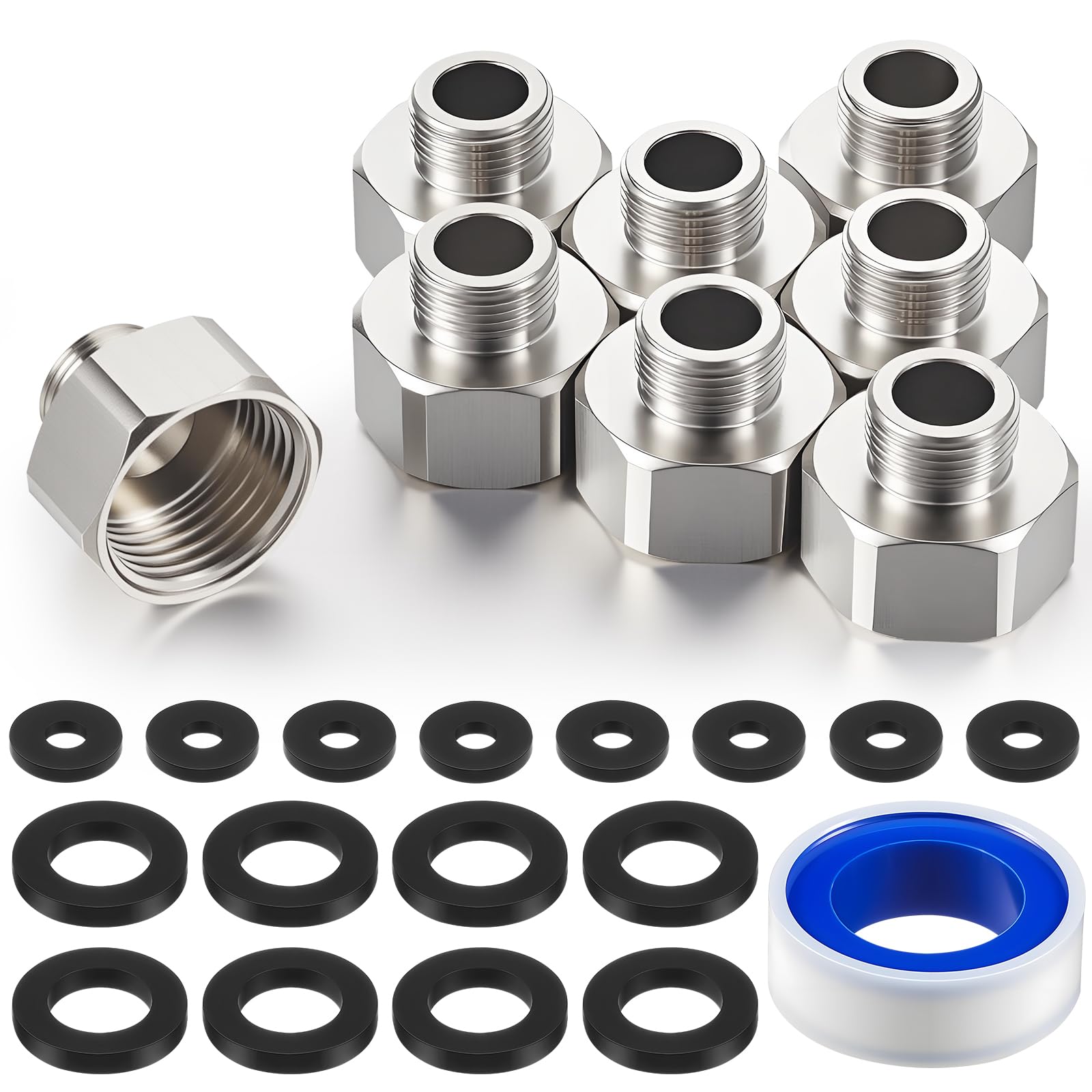 Shimeyao 8 adaptadores de tubería de latón para tubería de agua en hembra de 1/2 pulgada a 3/8 pulgadas, adaptador reductor de compresión para cocina, baño, grifo, manguera de suministro con arandela
