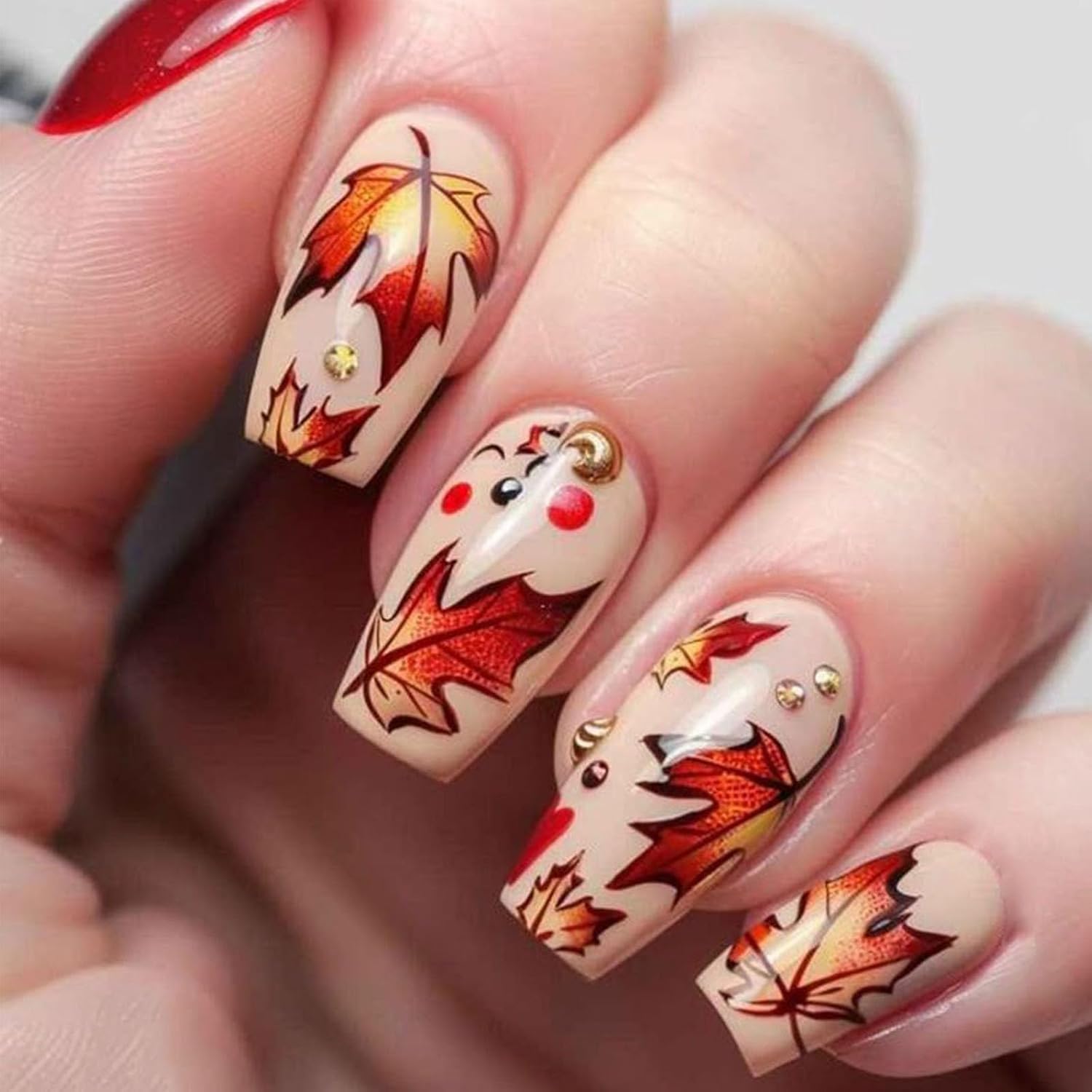 Thanksgiving Press on Nails Medium Square Fake Nails with Maple Leaves Designs Glossy Glue on Nails Burgundy Full Cover Thanksgiving Nails Press ons Acrylic Artificial Stick on Nails for Women 24Pcs