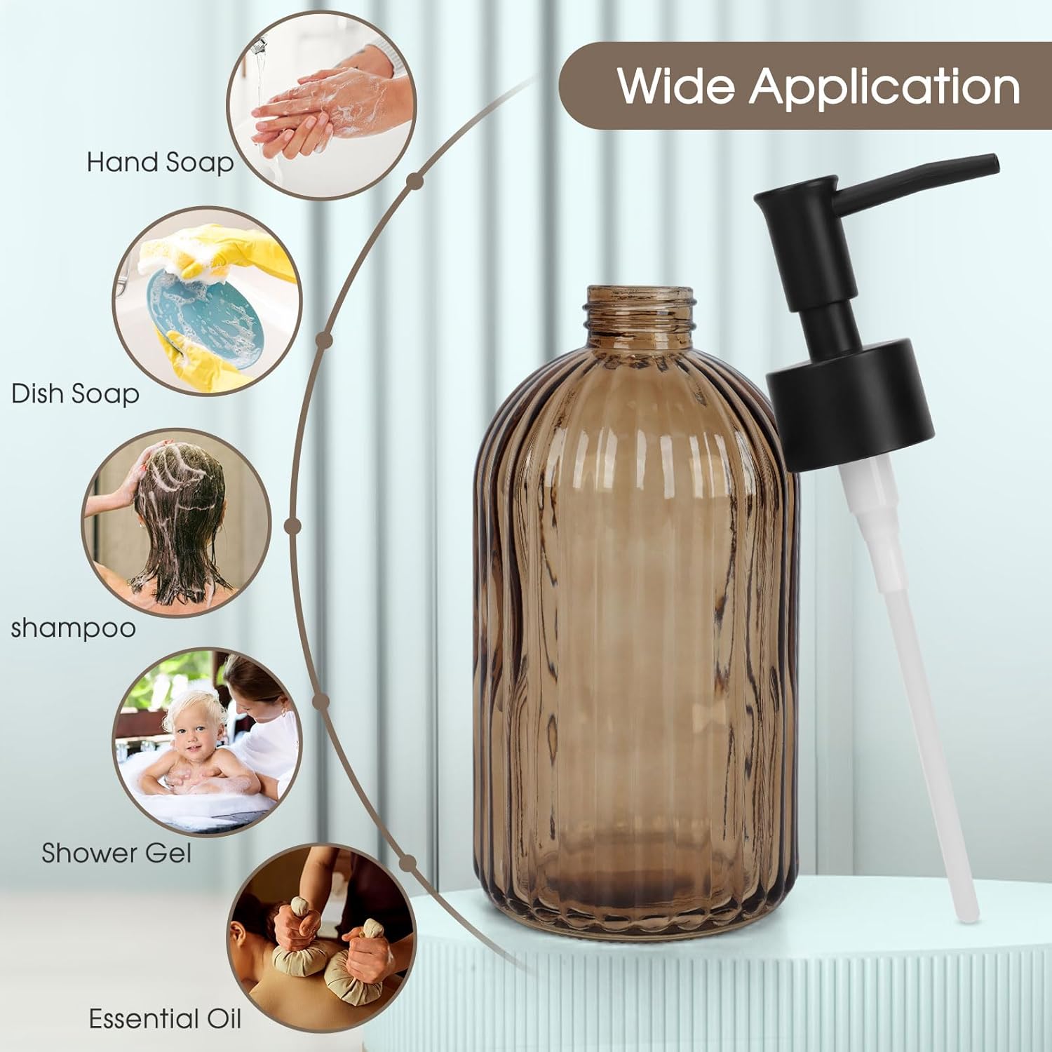 Stripe-Patterened Glass Soap Dispenser with Black Plastic Pump, 400ml Liquid Hand Soap Dispenser, Rustproof Pump for Kitchen & Bathroom, Great for Lotions, Essential Oil, Liquid Soaps-Amber - Image 6