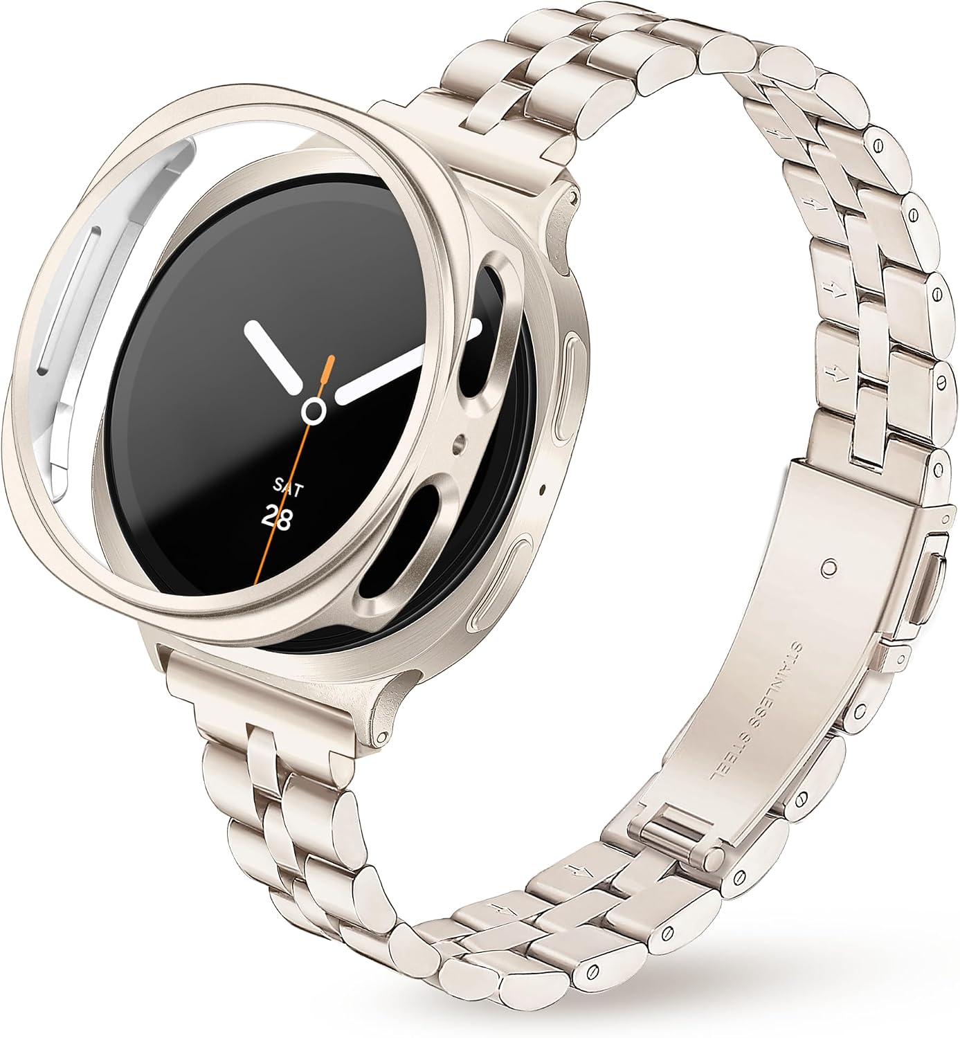 Melyis Slim Metal Band with Case Fits for Samsung Galaxy Watch 9/8 Band 40mm, Stainless Steel Galaxy 9/8 Watch Bands with Protective Case, Thin Band for Samsung Watch 9/8 Bands 40mm for Women-Gold