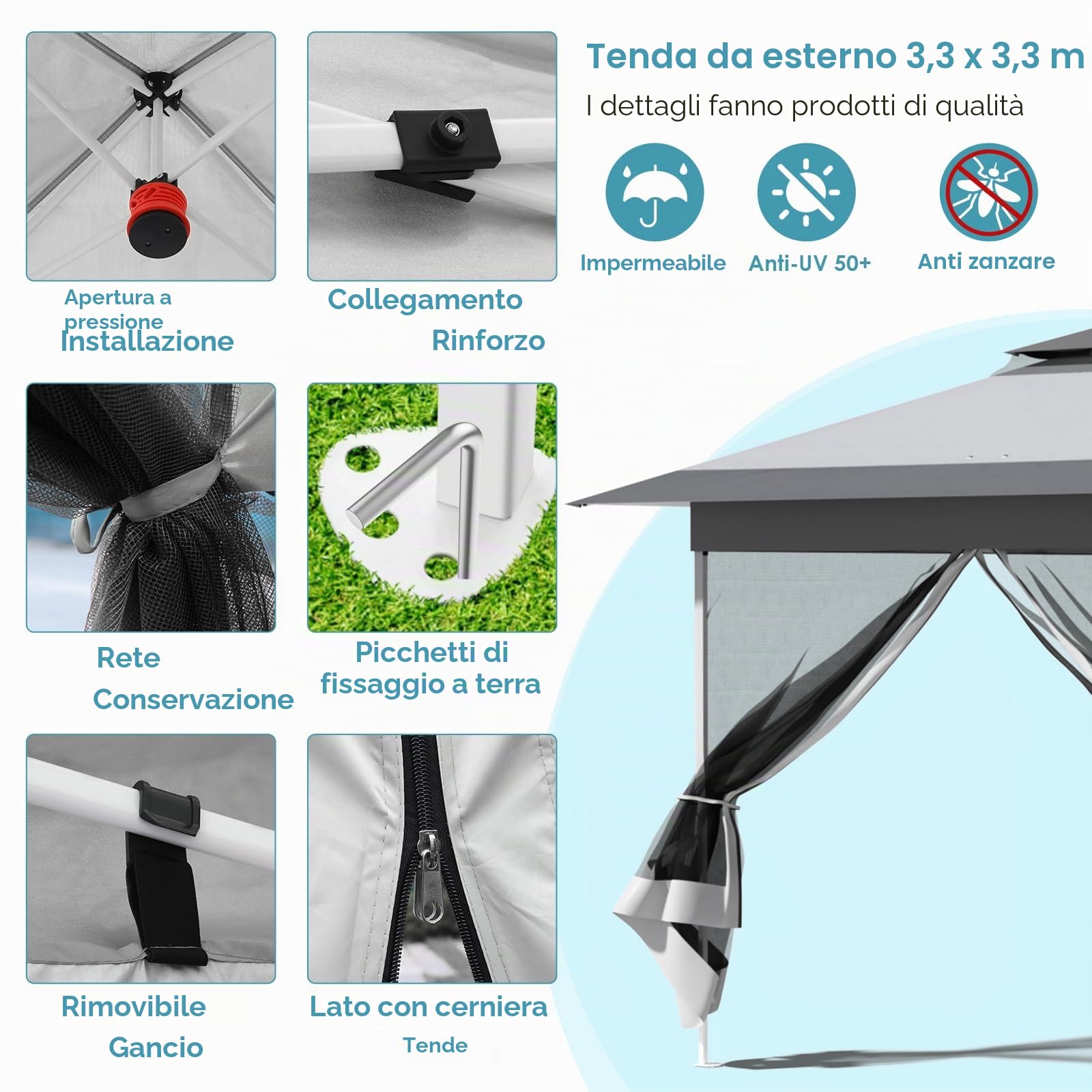 Gazebo pieghevole 3,3x3,3 m, con 4 pannelli laterali in zanzariera, One Push tenda con doppio tetto, Gazebo impermeabile da giardino 4 PCS Sacchi di Sabbia, per mercato/campeggio/spiaggia, Grigio