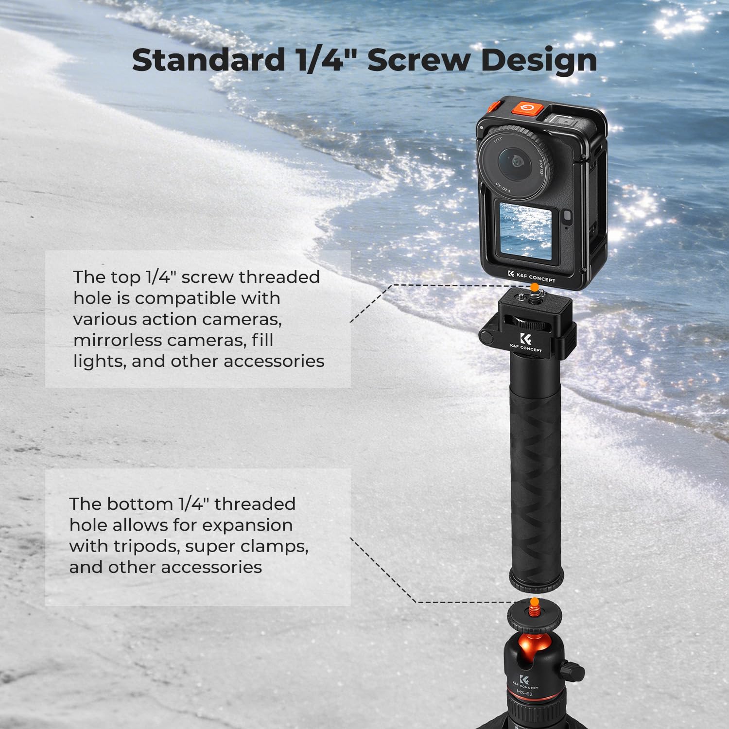 K&F CONCEPT 92.5 cm Action Camera Selfie Stick z klatką Osmo Action 6 i magnetycznym adapterem do szybkiego montażu, składany gwint 1/10.2 cm niewidoczny drążek przedłużający stop