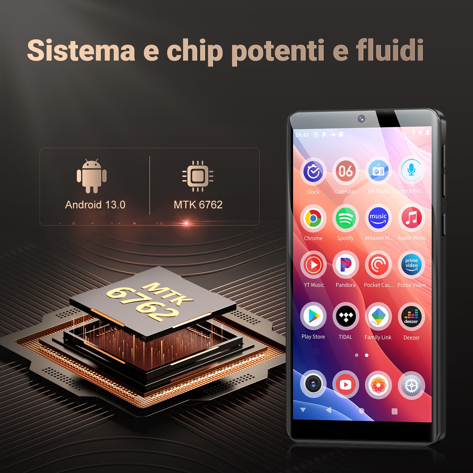 128GB Lettore MP3 con WiFi Bluetooth e Fotocamera, RAM: 4GB, Oilsky Android 13.0 Spotify Lettore di Musica con Altoparlante, 5,5'' 1080P Touchscreen MP4 Player