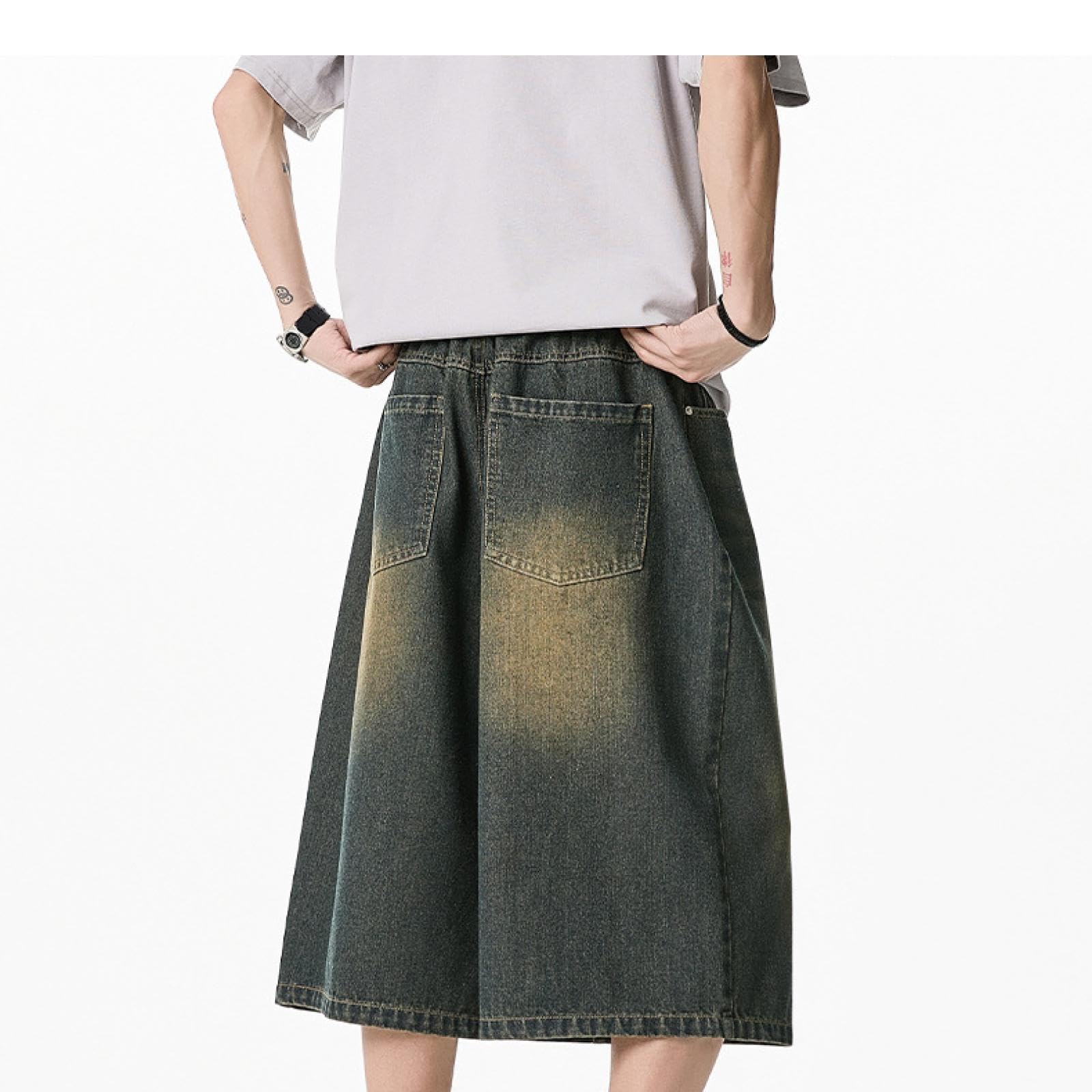 Pantaloncini Short Uomo Jeans Corti A Gamba Larga per Gli Uomini retrò Gamba Dritta Pantaloni di Media Lunghezza Semi Elastico in Vita Pantaloncini Casual Larghi