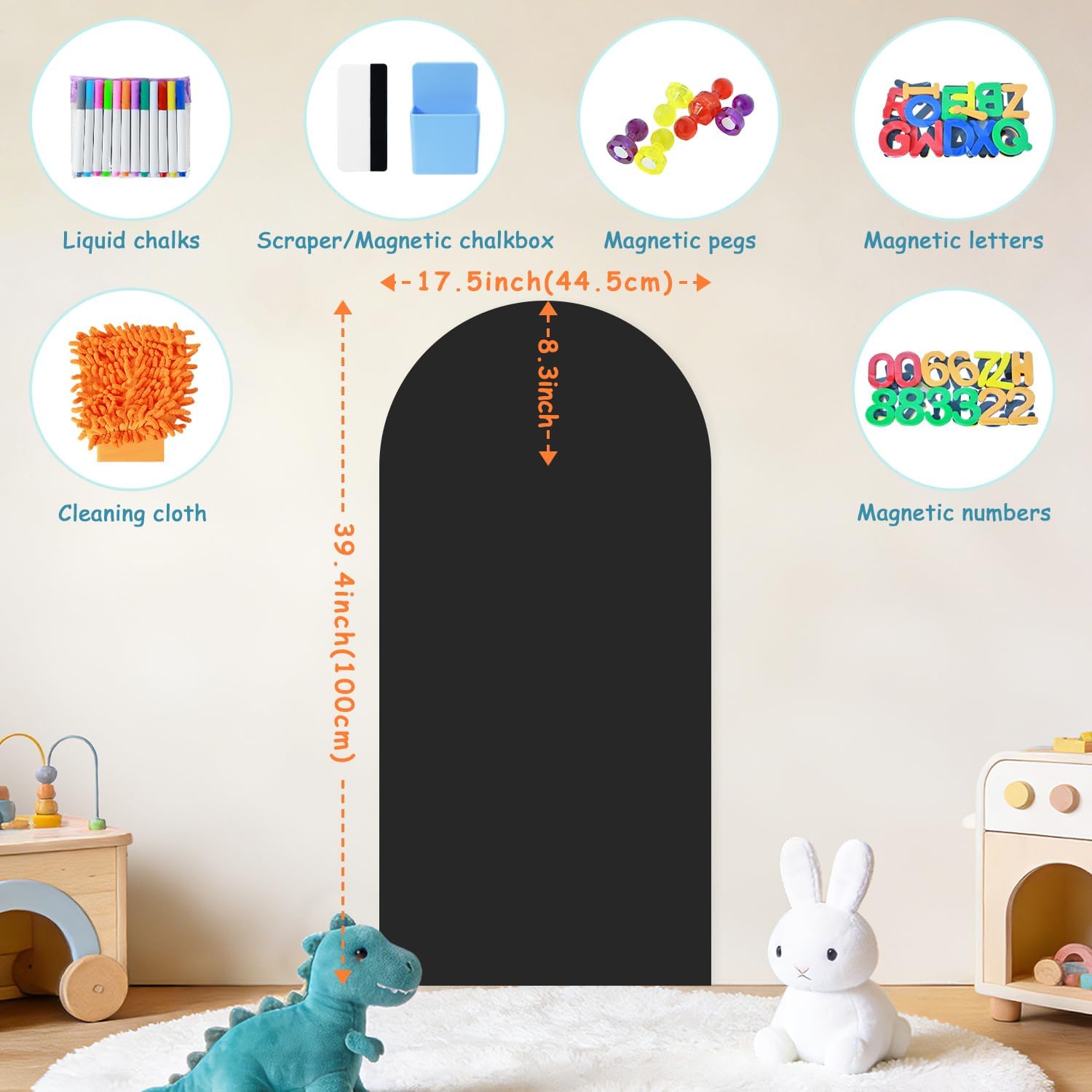 39.3" x 17.5" Black Arch Magnetic Wall Decal Self-Adhesive Chalk Board Wallpaper for Playroom Decor Peel and Stick Magnetic Wall Board with Starter Accessories Matte Finish Magnetic Play Wall for Kids