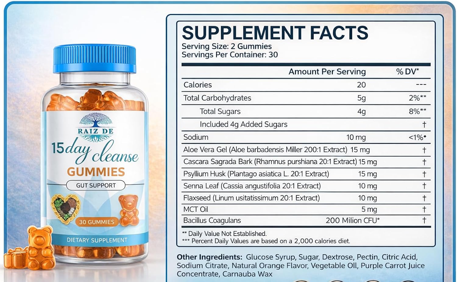 15-Day Cleanse Gummies – Senna, Cascara Sagrada, Psyllium Husk & Probiotics | Natural & Gentle Colon & Gut Detox for Regularity, Bloating Relief & Digestion | Natural Orange Flavor, Vegan