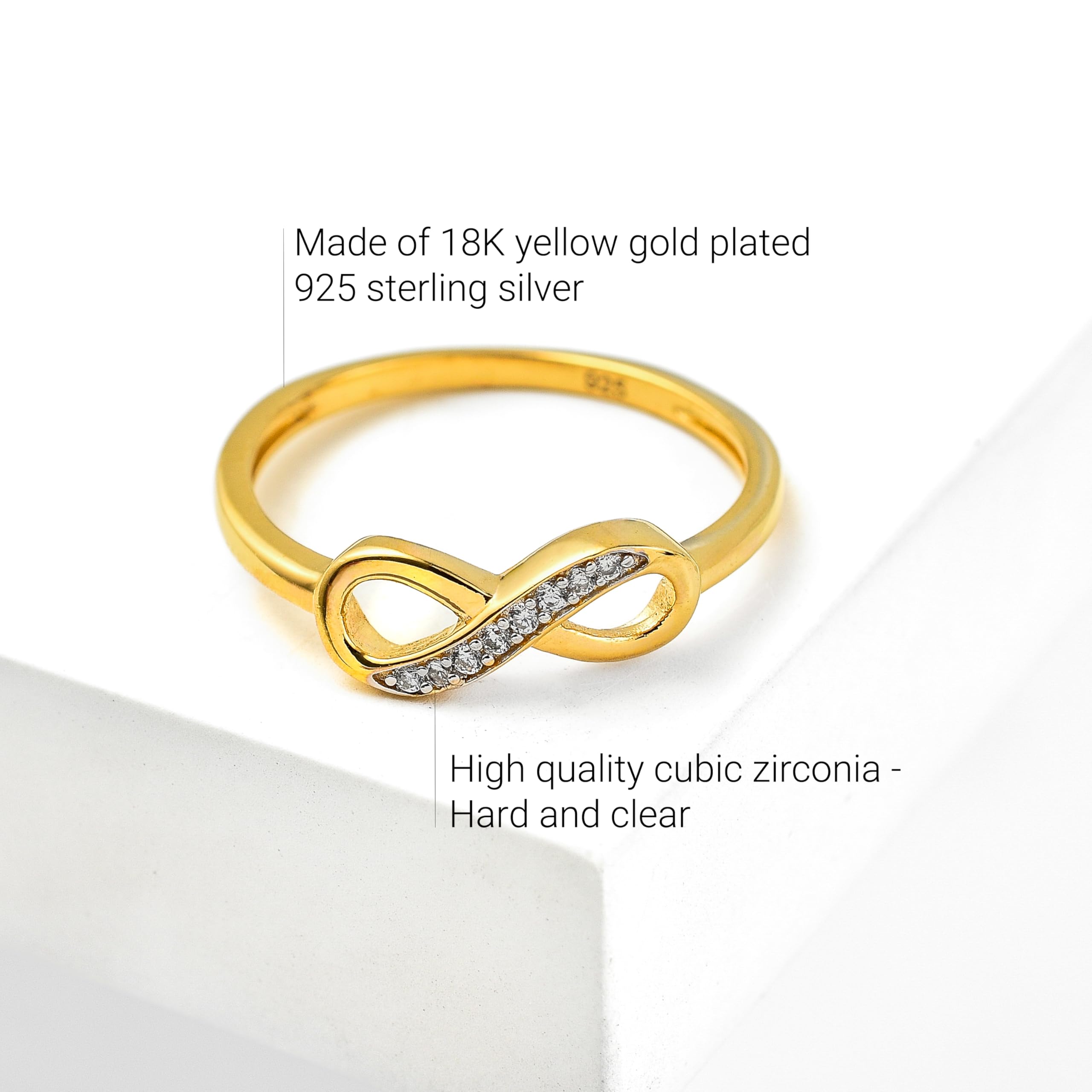 Anello con simbolo dell'infinito e zirconia cubica, placcato in oro rosa, oro giallo e platino, per coppie, per ragazze, con confezione regalo