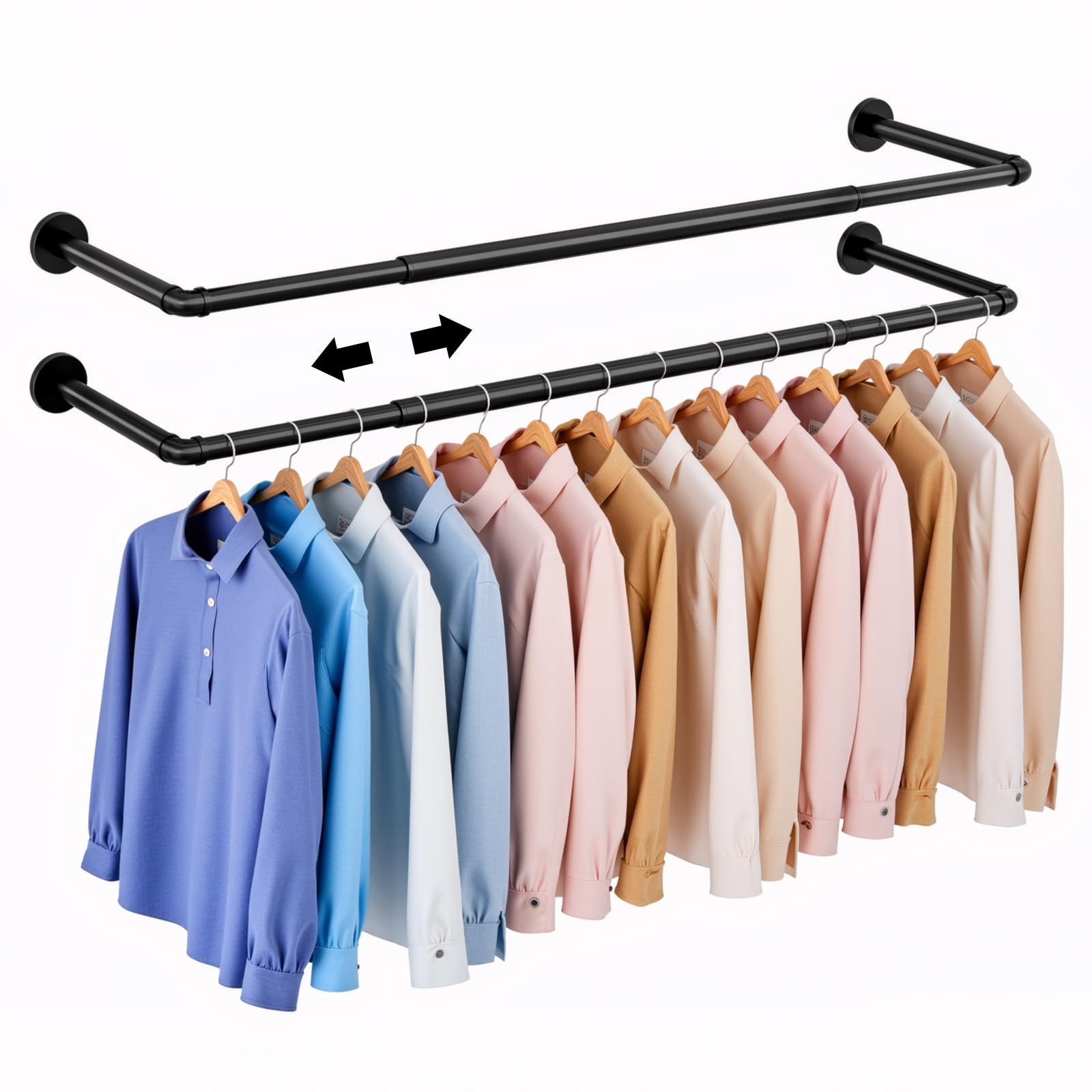 KZOBYD Set di 2 aste appendiabiti allungabili per la parete, 67-111 cm, per il montaggio a parete, in metallo per appendere vestiti, appendiabiti da parete salvaspazio