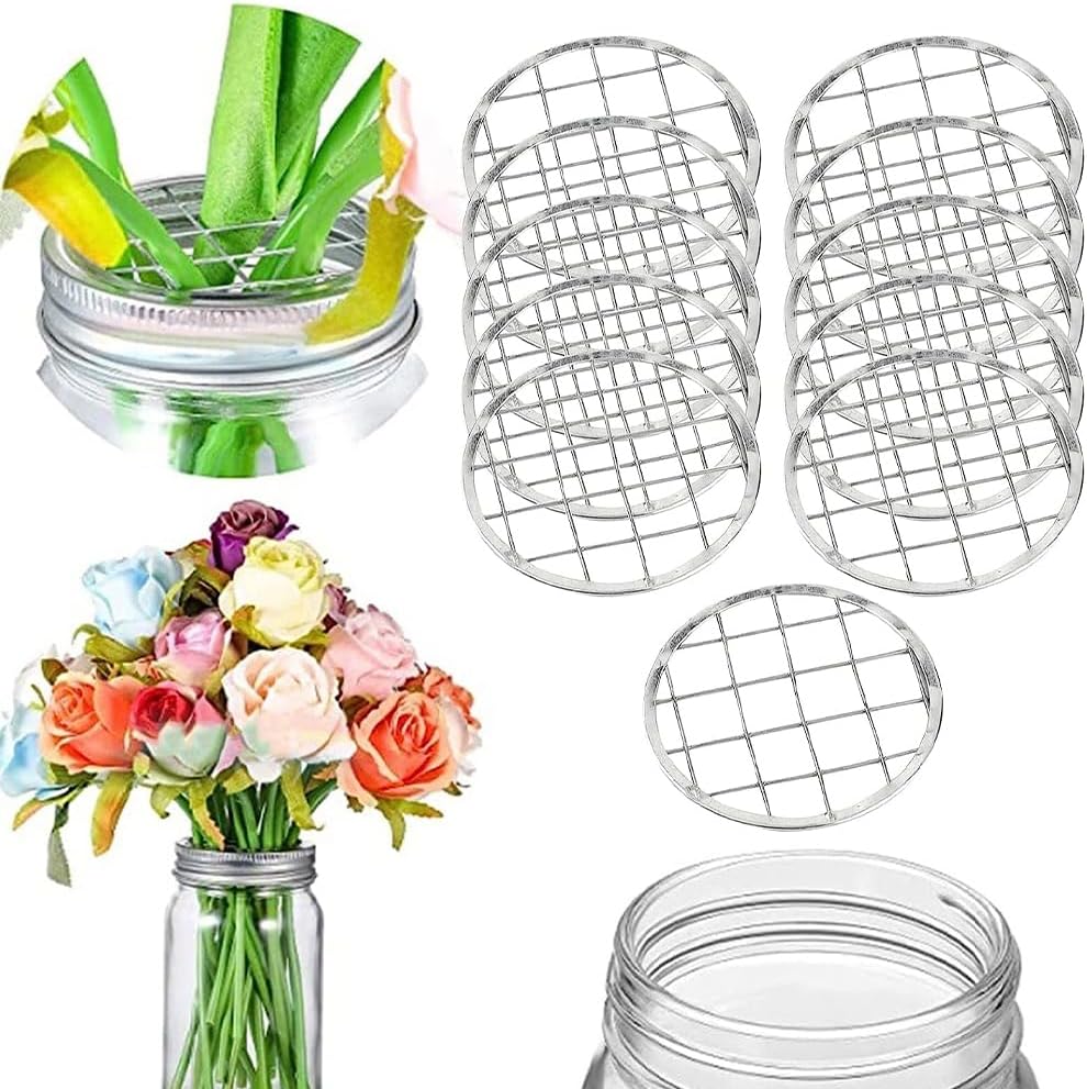 GORGECRAFT 16PCS 2 Sizes Metal Flower Lid Insert Mason Jar Frog Lids Insert Square Grid Organizer Floral Arrangement Glass Bottle Vase Covers Arranging Supplies for Regular Mouth Mason Canning Jars