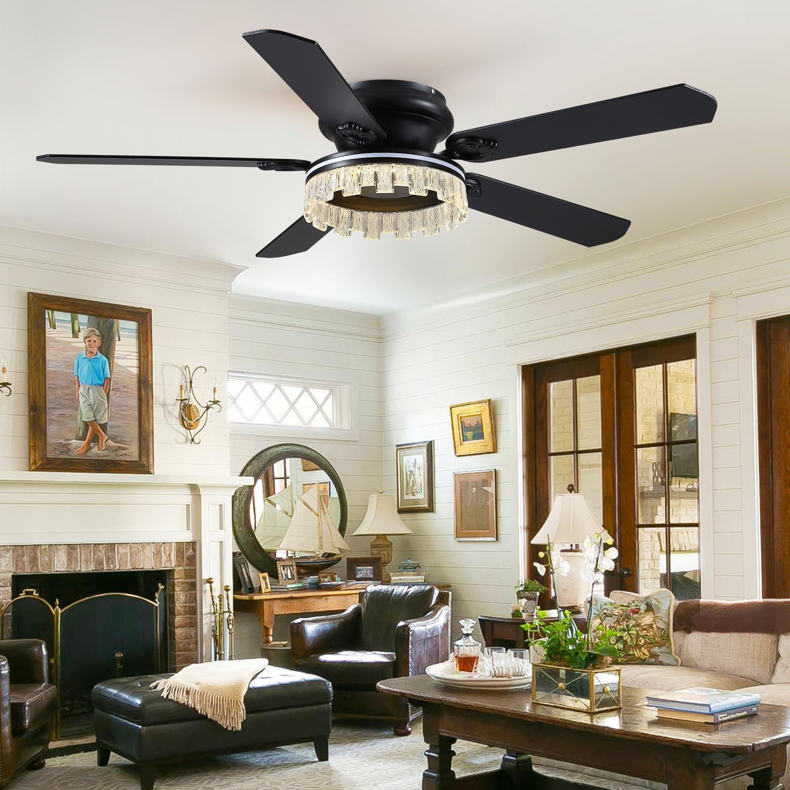 58" Flush Mount Ceiling Fan With Light – Remote & APP Control, Dimmable LED, Quiet DC Motor, Indoor/Outdoor