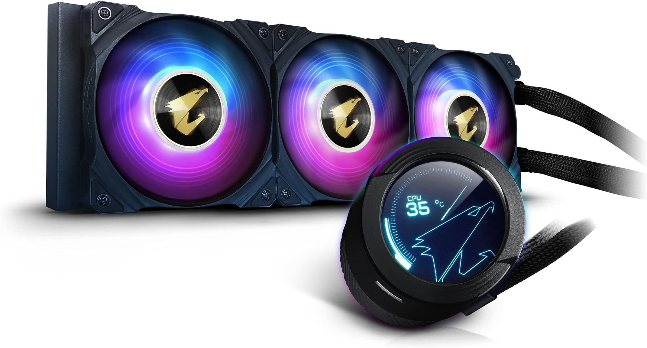 AORUS WATERFORCE X 360 AIO Liquid CPU Cooler, Rotatable Circular LCD Display with Micro SD Support, 360mm Radiator with 3X 120mm Low Noise ARGB Fans, Compatible with Intel LGA1700, 12 Volts