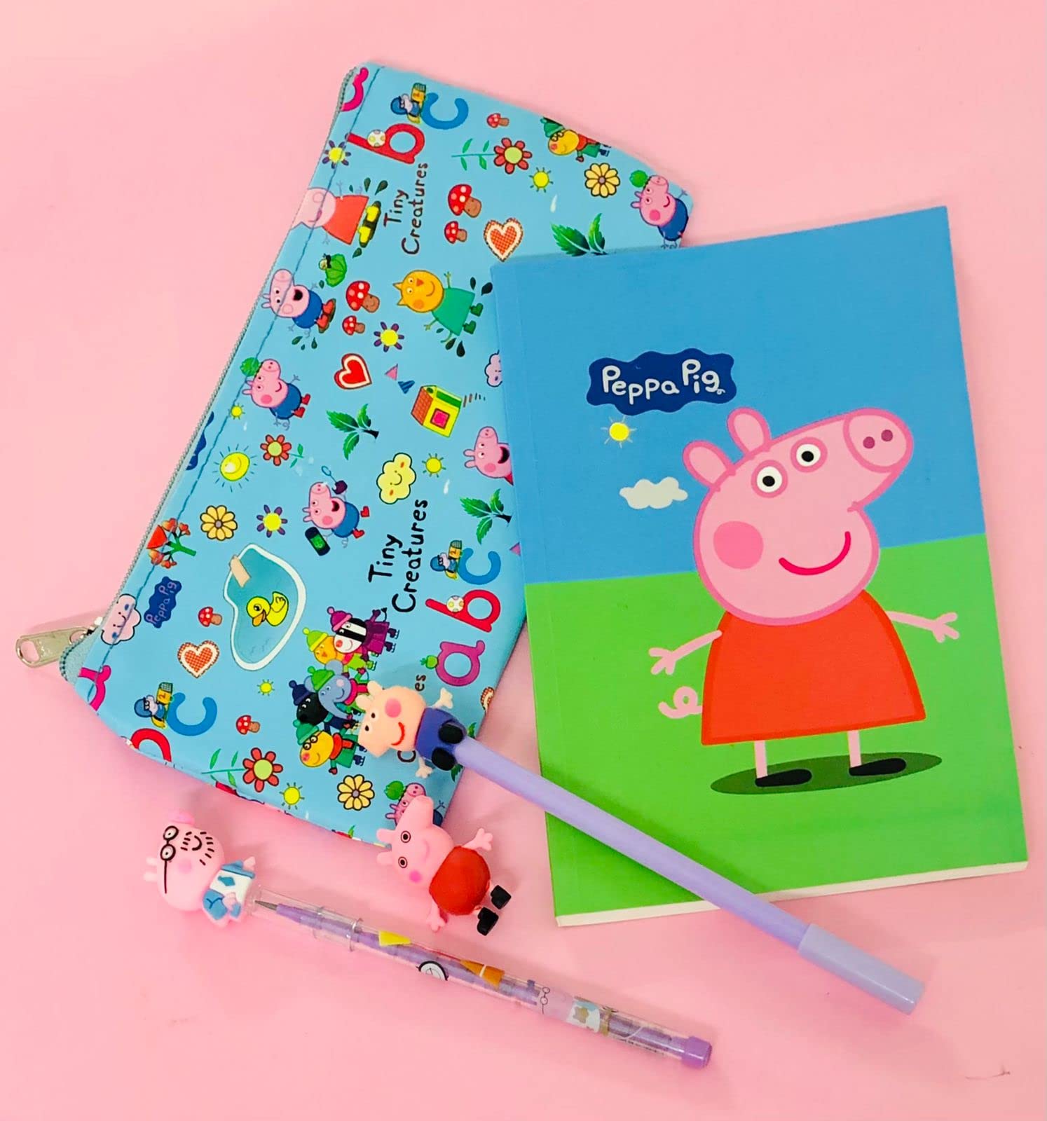 Le Delite Cartoon papa Pig Cute Diary combo with for Boys / Girls kids with gel Pen + Disco Bullet Pencil + Eraser/ peppy theme party supplies return gift combo set for kids bulk price under 300 (MINI DIRY COMBO)