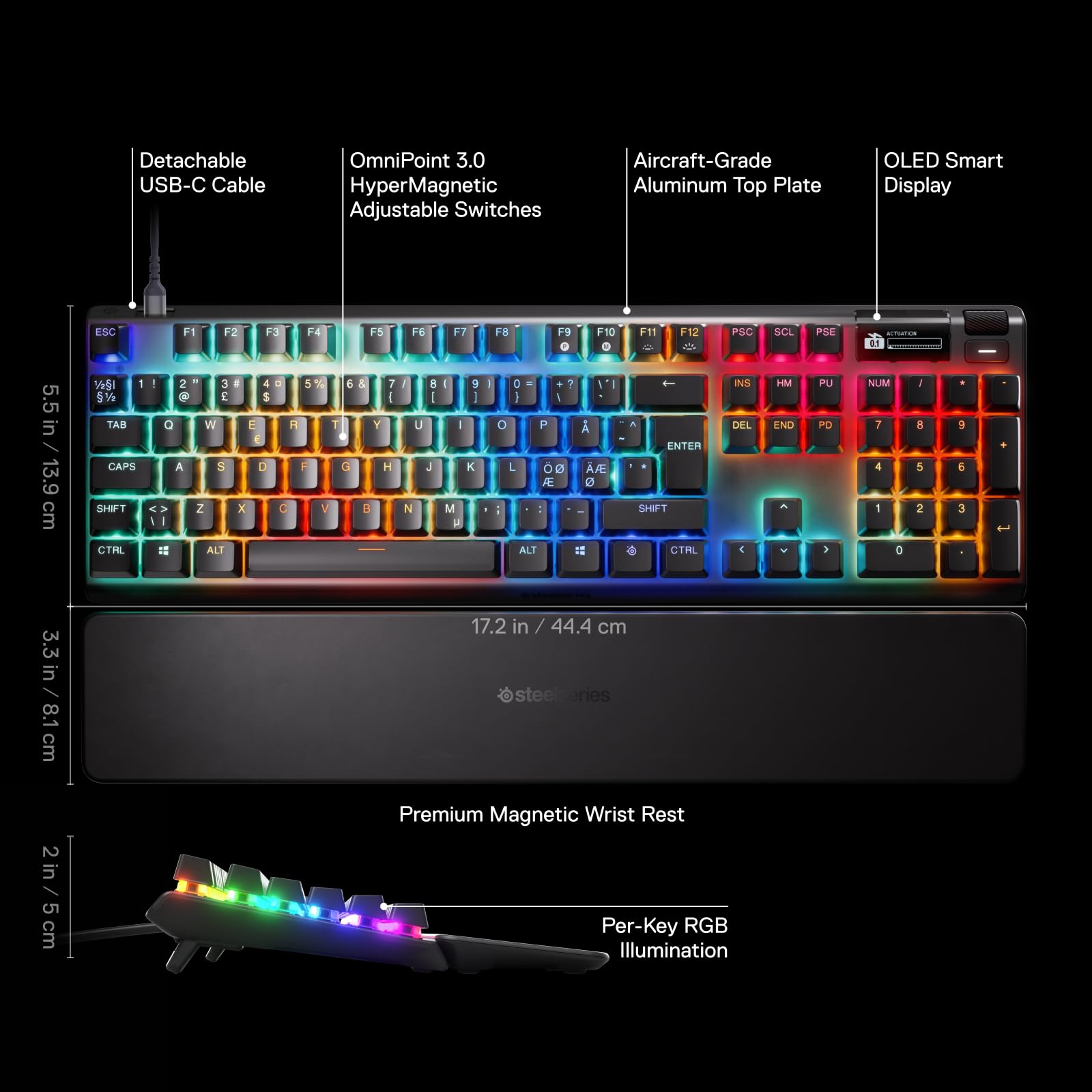 SteelSeries Apex Pro Gen 3 - Hipermagnetyczna klawiatura dla graczy - przełączniki OmniPoint 3.0 - Rapid Trigger - Ustawienia gier - Rapid Tap/SOCD - OLED - RGB - nakładki z PBT - NOR Layout QWERTY