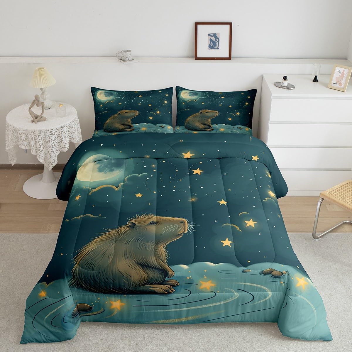 Erosebridal Kids Cute Beaver Comforter Set Twin Size, Wild Animal Bedding Set for Bedroom, Wildlife Duvet Insert, Galaxy Starry Sky Quilt