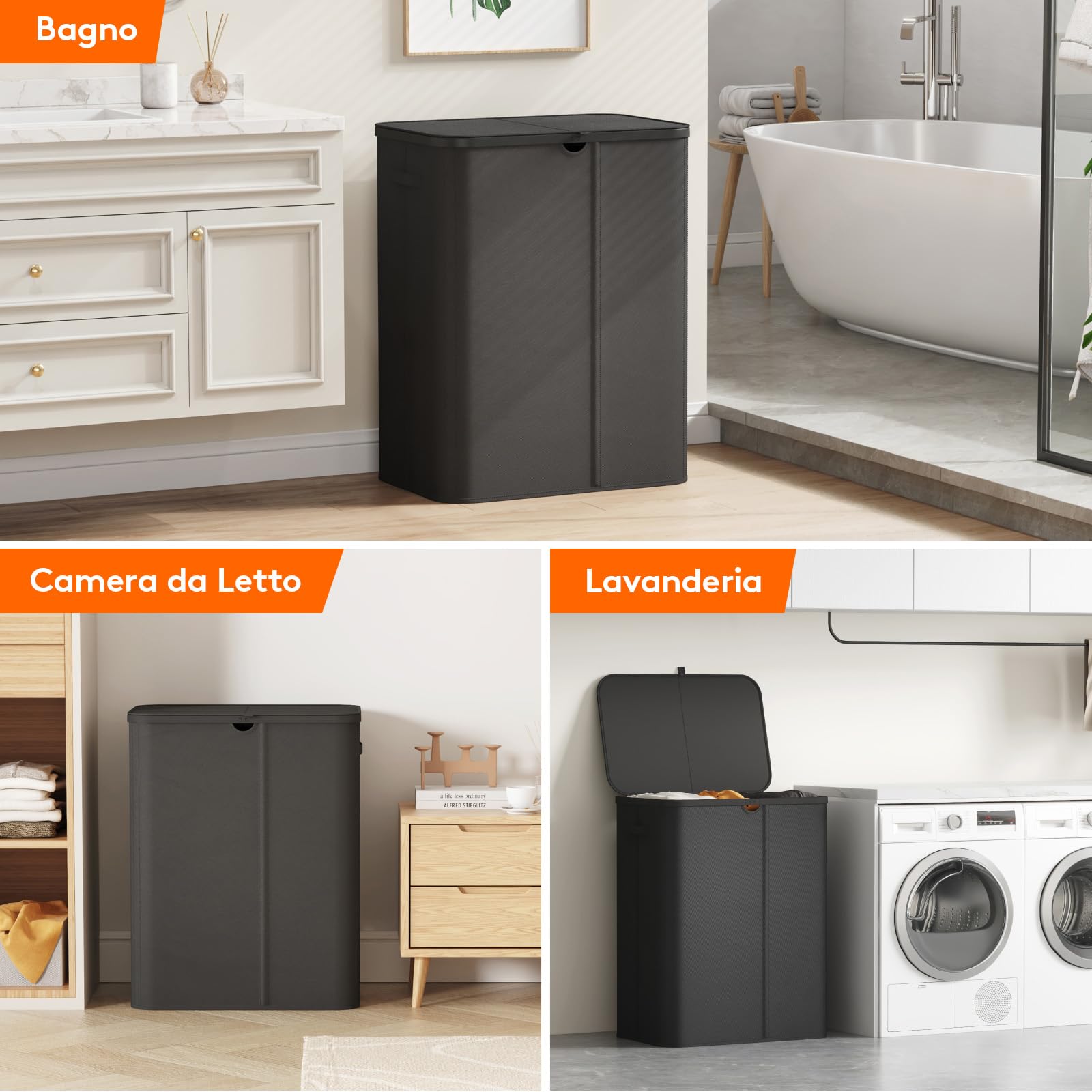 Lifewit Cesto Portabiancheria con Coperchio, Grande Portabiancheria Pieghevole a 3 Scomparti con Sacchi Rimovibili, Laundry Basket per Camera da Letto, Bagno e Lavanderia, 185L, Nero