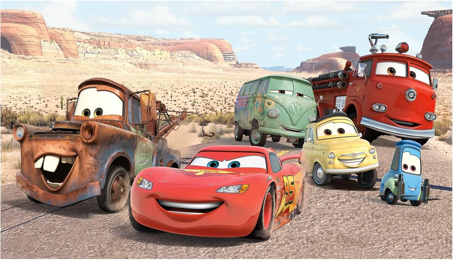 RoomMates JL1303M Cars Friends to The Finish XL Water Activated Spray and Stick Removable Wall Mural 6' X 10.5'