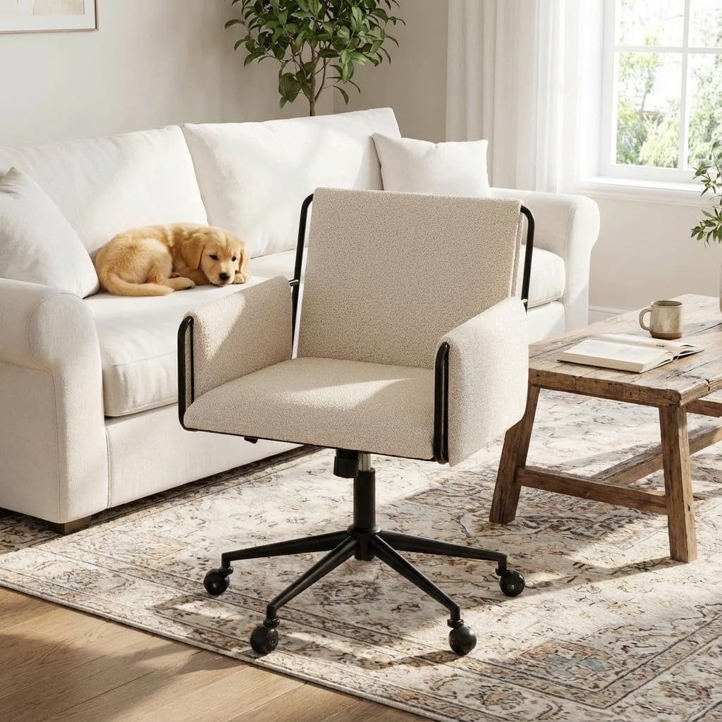 YOUNIKE Wide Seat Home Office Chair with Arms Modern Desk Chair with Wheels Fabric Vanity Chairs with Comfy Back Cross Legs Adjustable Swivel Rolling Computer Task Chair for Study Bedroom Makeup Beige