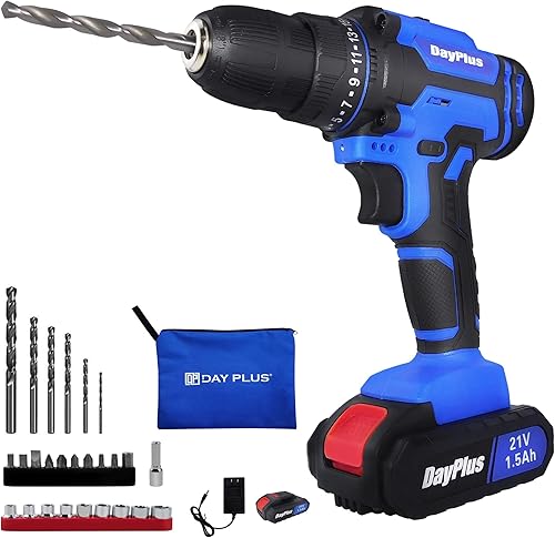 Kit de taladro inalámbrico, juego de taladro de impacto de 21 V con bateríacargador de iones de litio, par de 350 In-lb, portabrocas sin llave de 38