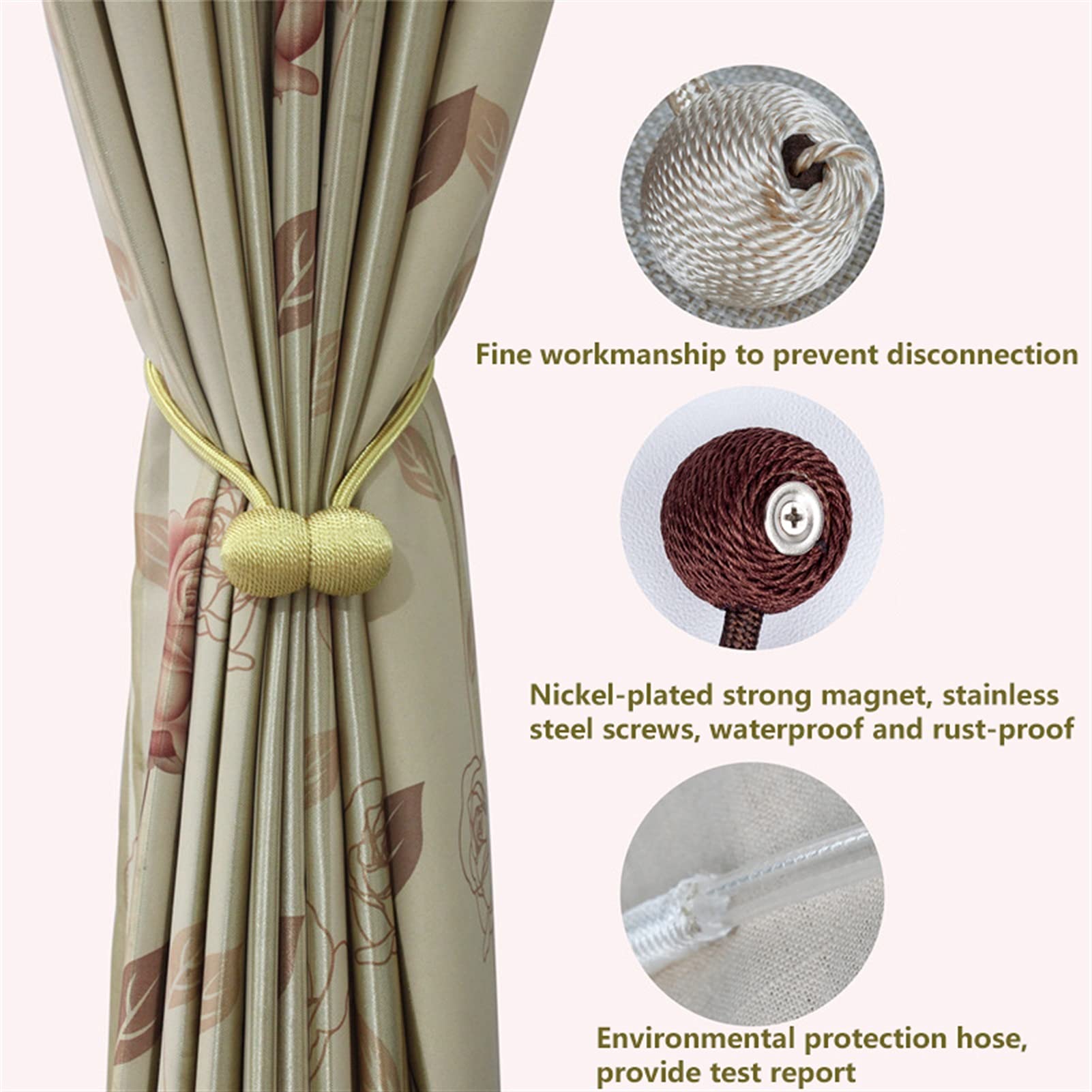 Embrasses de rideaux magnétiques, 2 pièces, rouleau coloré, accessoires, support, Clip retenue, sangle à boucle(Light Khaki)