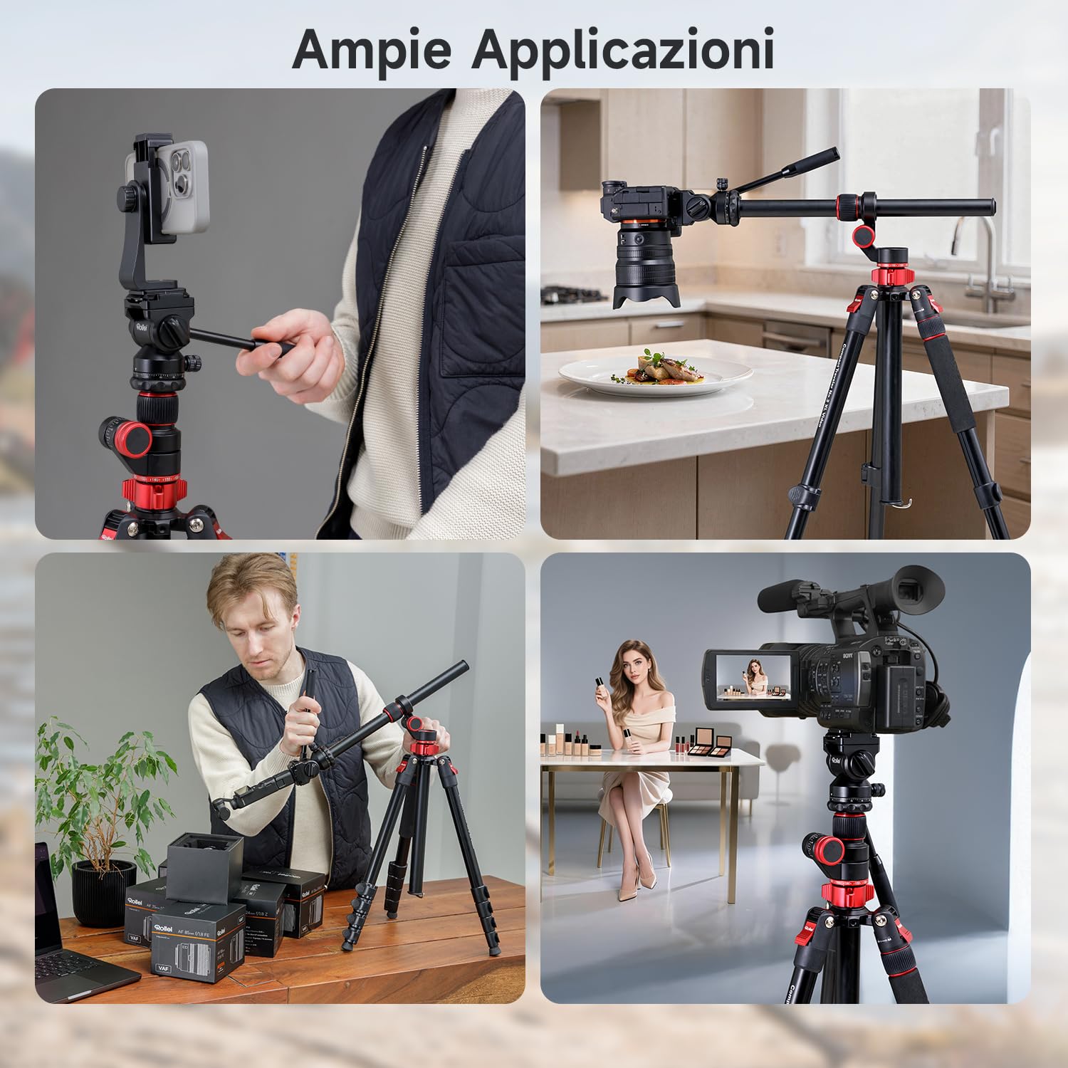 Treppiede Fotocamera 212cm Rollei Compact Traveler No.2 XL Video Cavalletto Fotografico in Alluminio con Braccio Orizzontale Testa Fluida Funzione Monopiede Camera Tripod con Supporto per Telefono