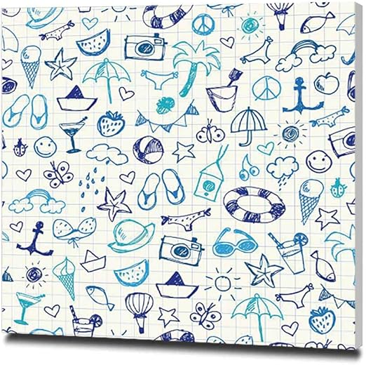 Amazon 手描き夏落書きシームレスパターンベクトルイラスト アートパネル おしゃれポスター 正方形 絵画 インテリア 壁飾り フレーム装飾画 玄関 インテリア モダンアート 木枠セット 30x30cm ウォールステッカー オンライン通販